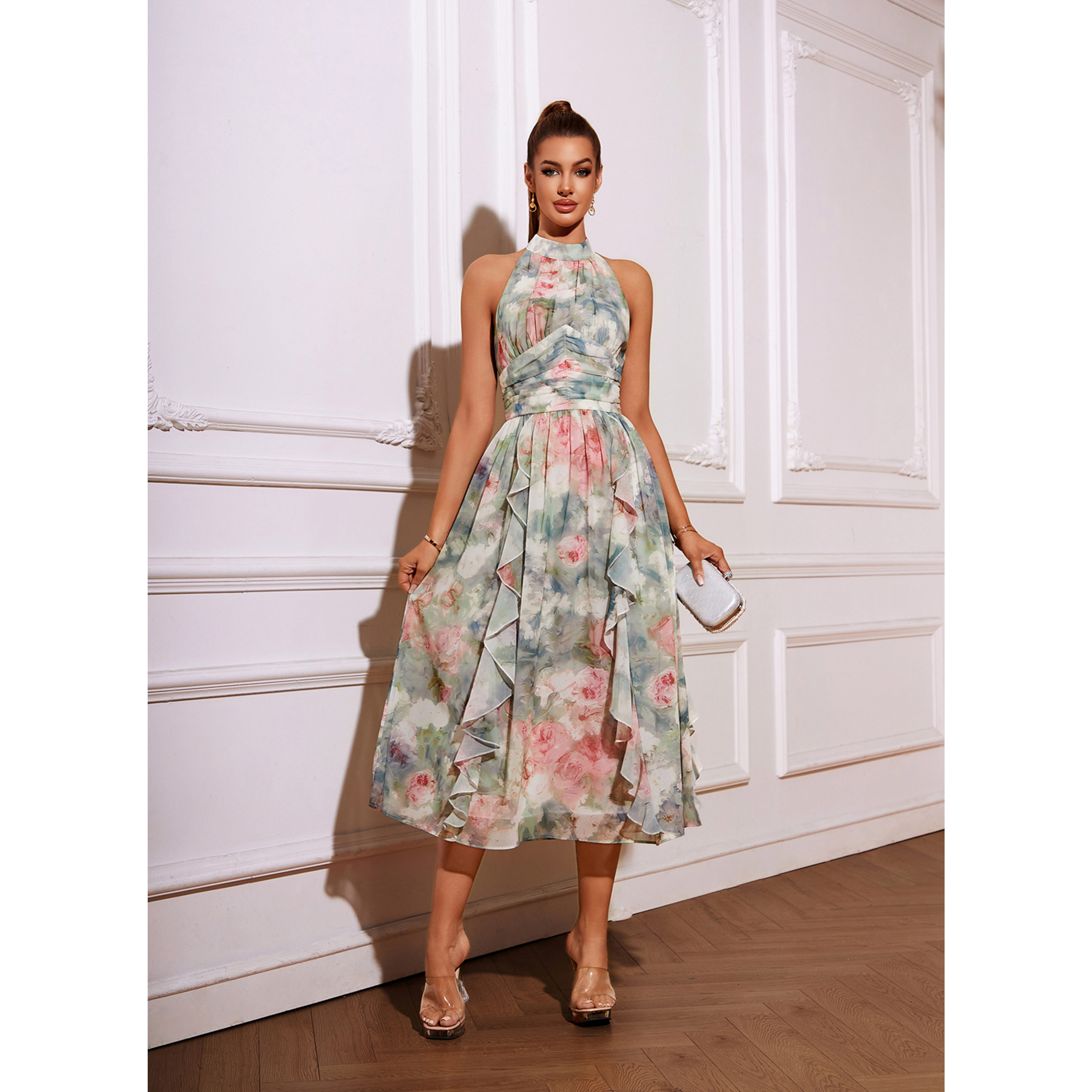 Azeneth Halter Floral Print Chiffon Midi Cocktail Dress | JJ's House
