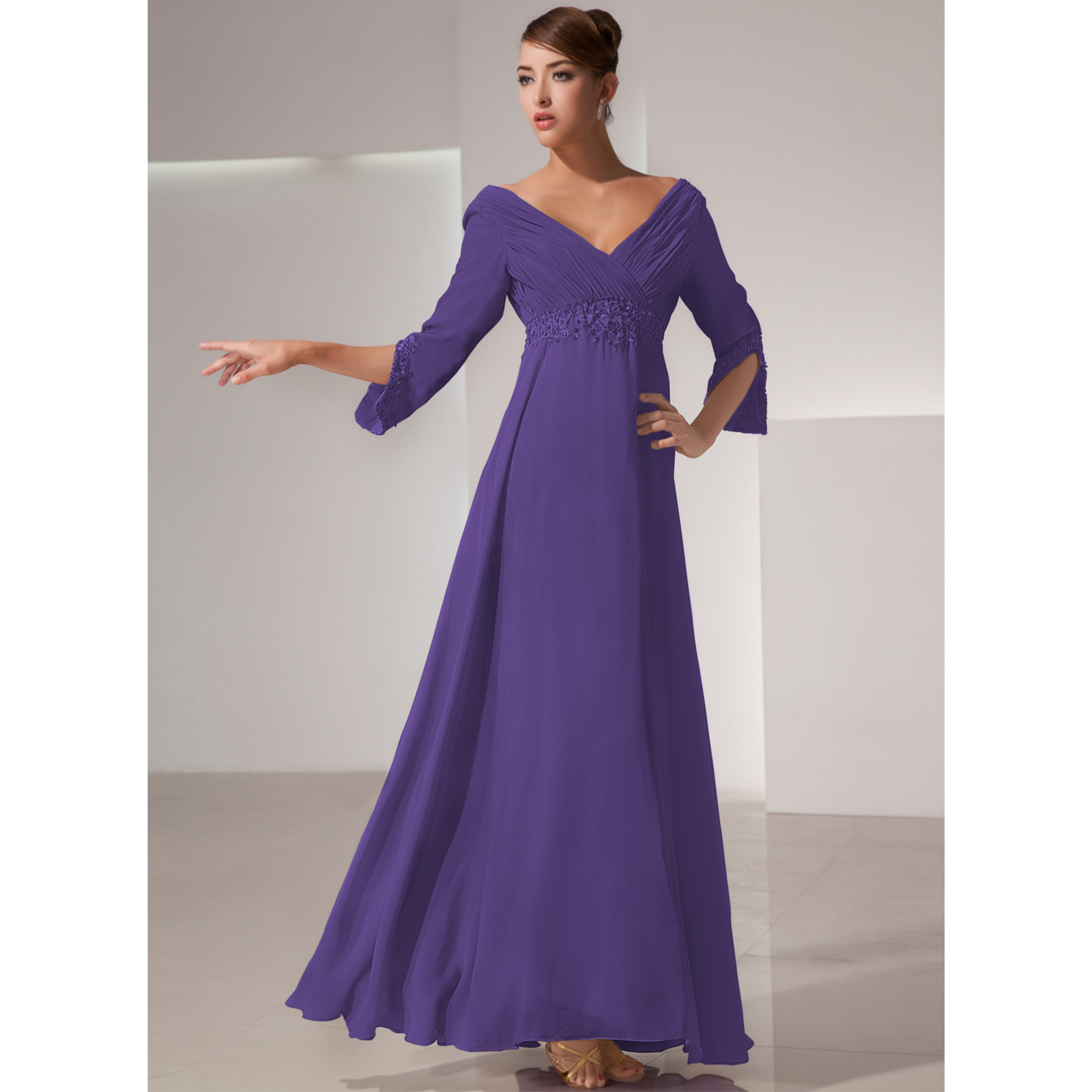 JJ's House Empire V-Neck Floor-Length Chiffon Mother of the Bride Dress 2026 With Pleated Beading - Size: 30, Regency, Purple
