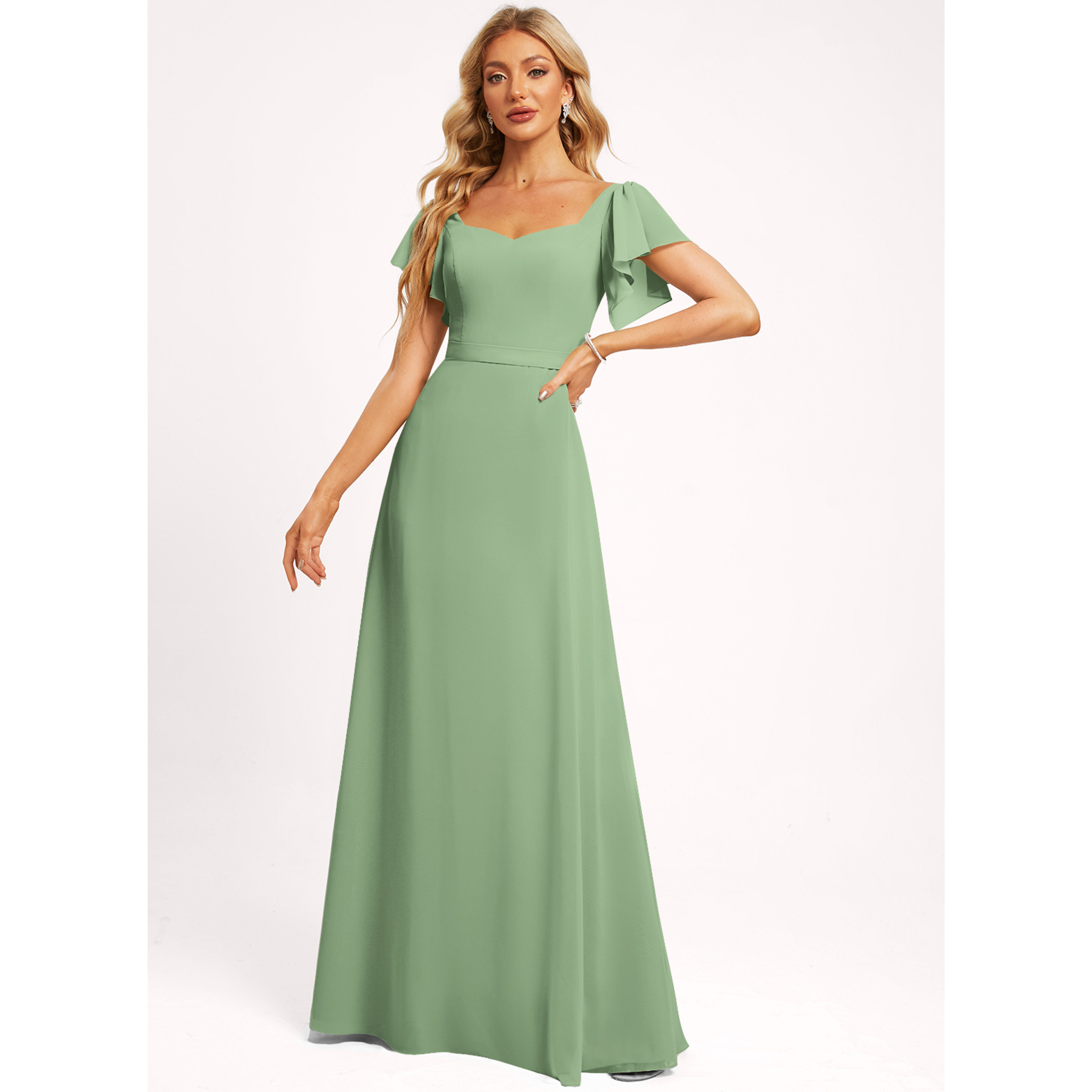 JJ's House A-line V-Neck Floor-Length Chiffon Bridesmaid Dress 2025 With Ruffle