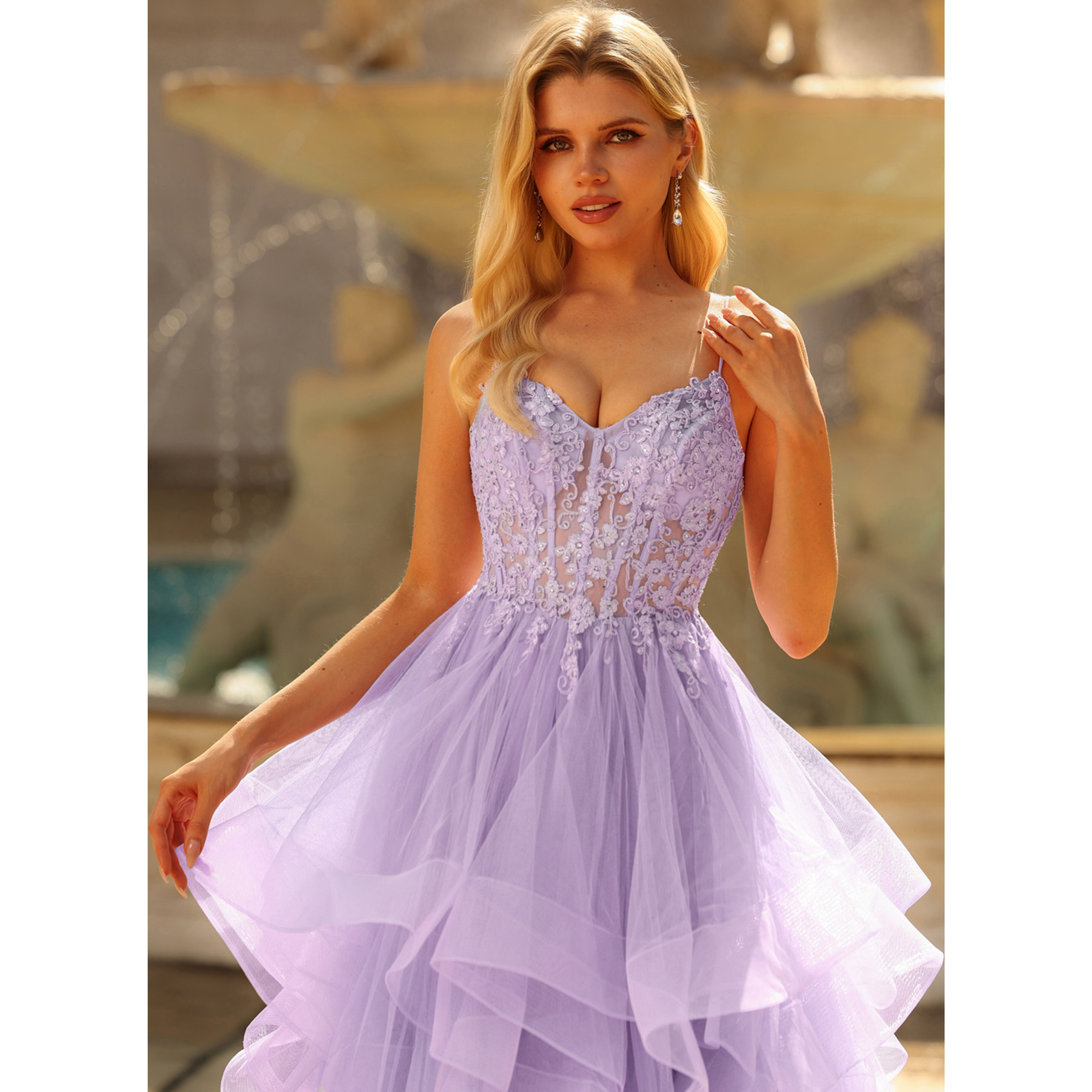 Zenlee V-Neck Spaghetti Straps Rhinestone Tulle Prom Dress | JJ's