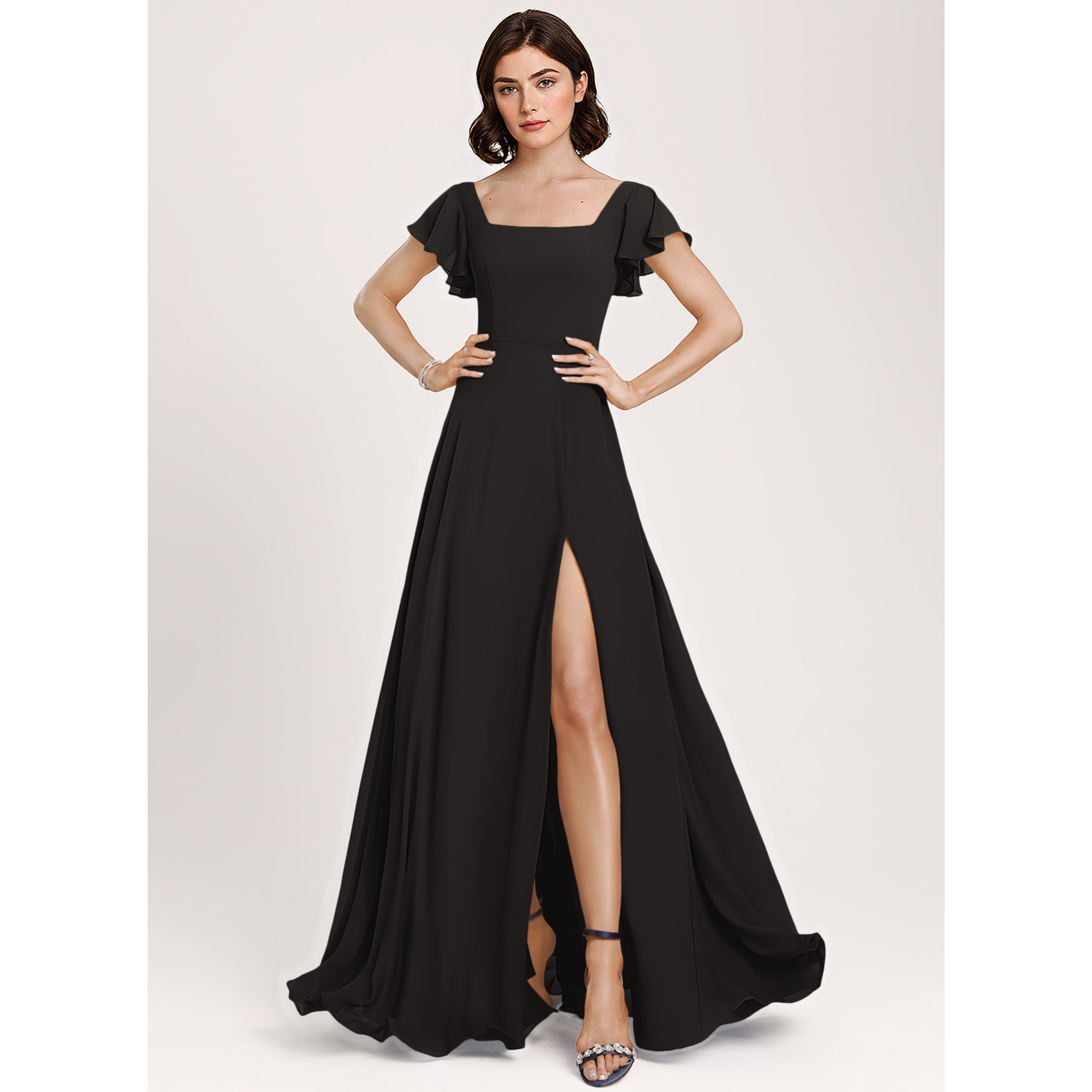 JJ's House A-line Square Floor-Length Chiffon Bridesmaid Dress 2026 With Ruffle - Size: 04, Black