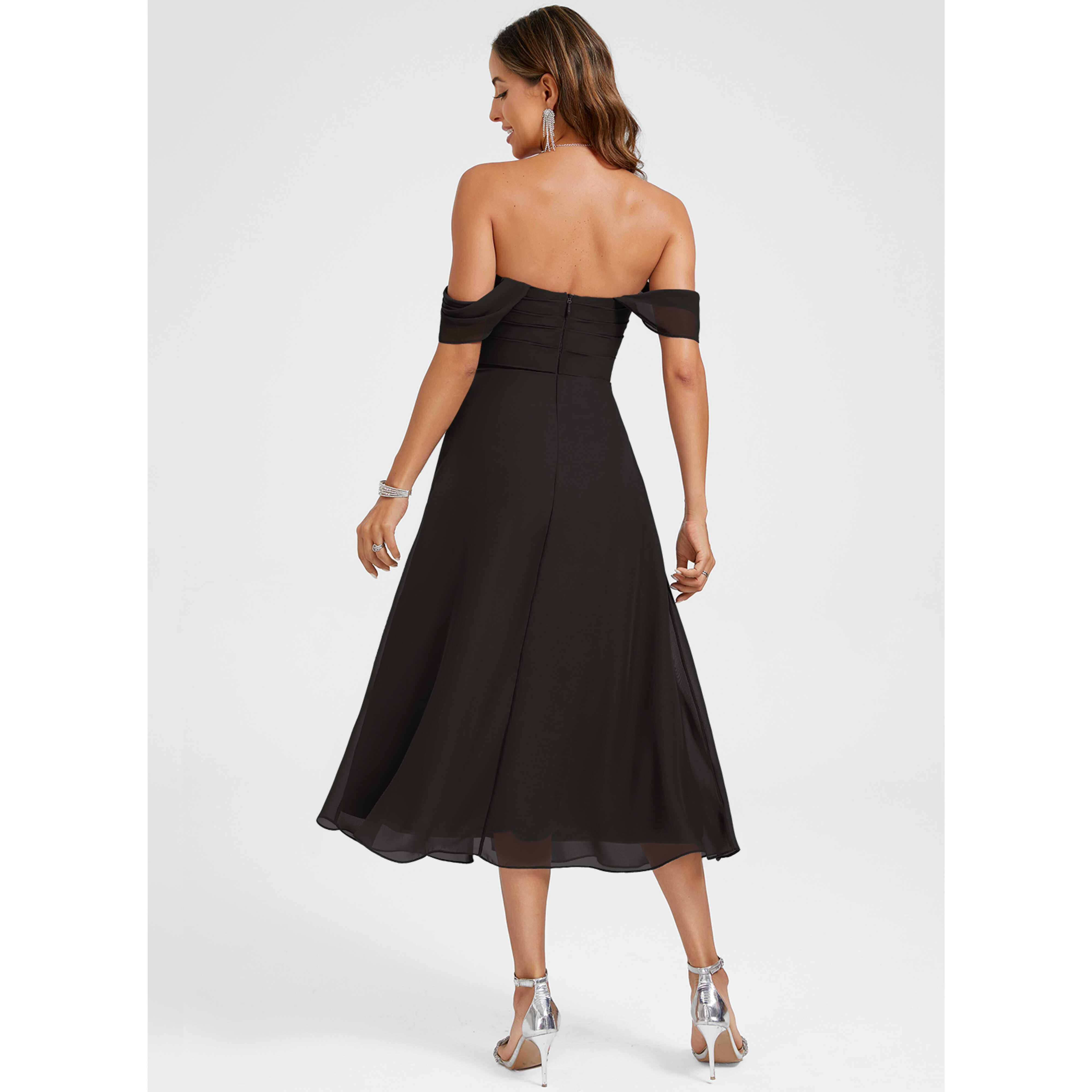 JJ's House A-line Off the Shoulder Tea-Length Chiffon Cocktail Dress 2026 With Ruffle - Size: 06, Black