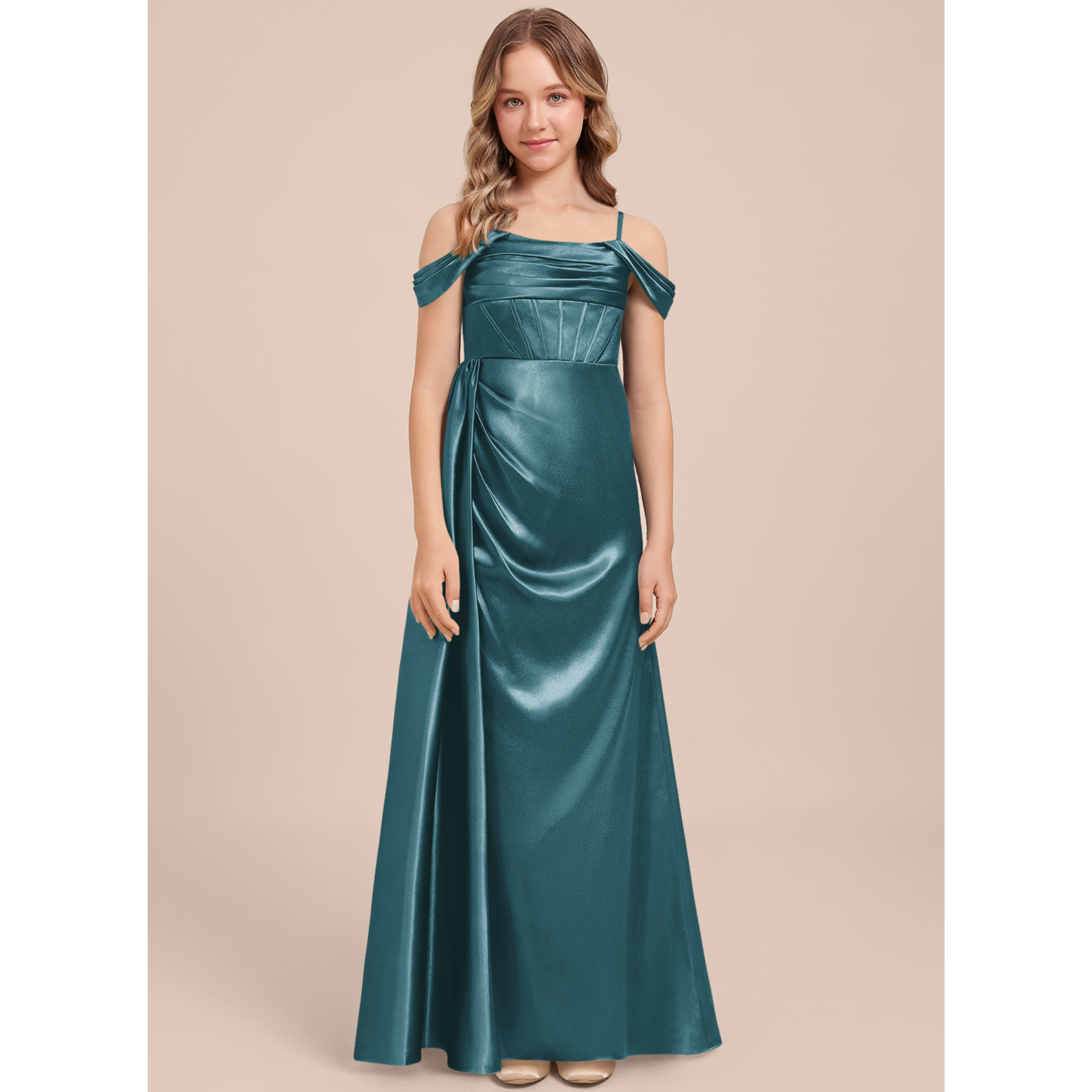JJ's House Sheath Column Cold Shoulder Floor-Length Stretch Satin Junior Bridesmaid Dress 2026