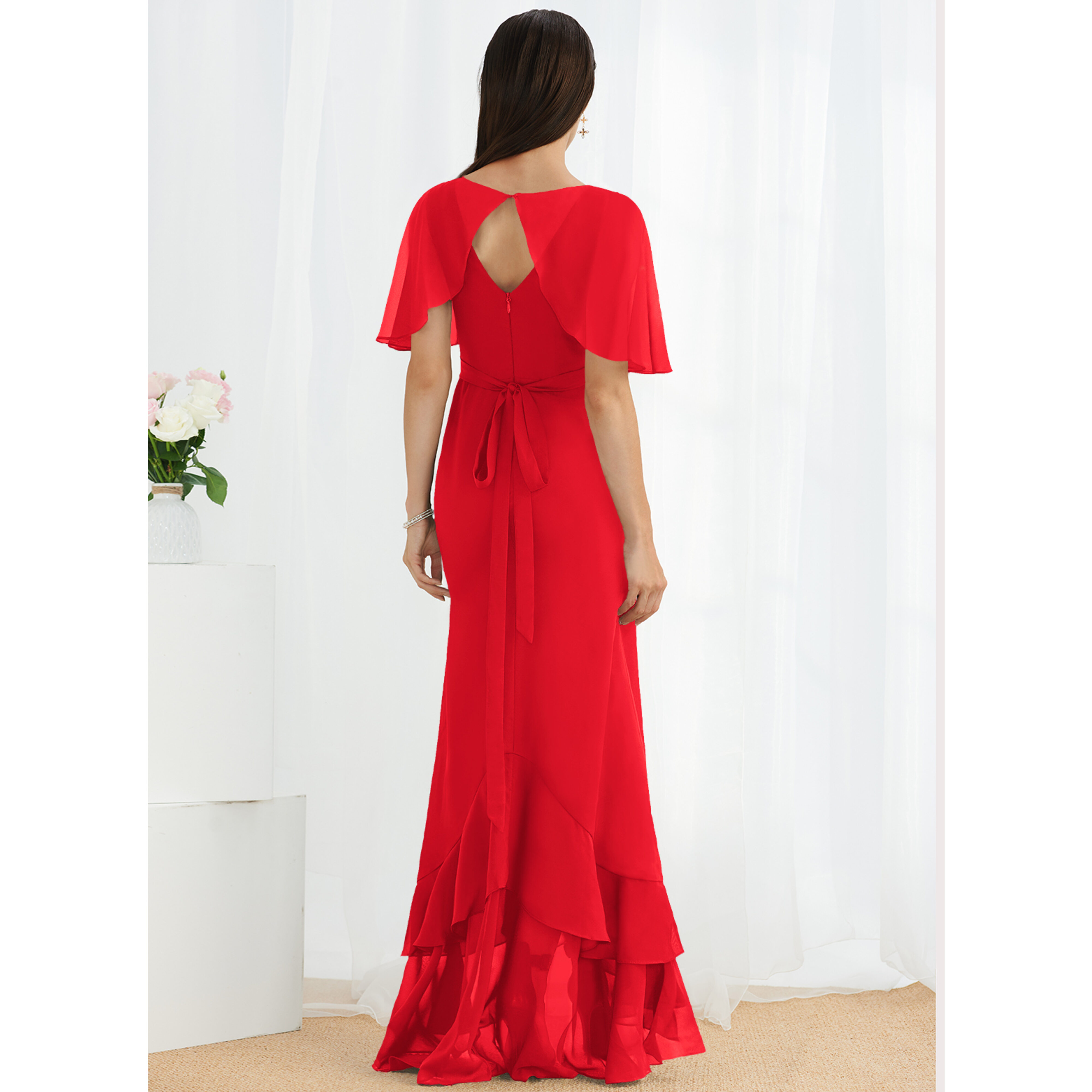red chiffon ruffle layer maxi dress JJ's House A-line V-Neck Asymmetrical Floor-Length Cocktail 2026 Red Satin Slip Maxi plus size wedding guest dress Ruffle scarf creating a striking front Color:Dark Cherry