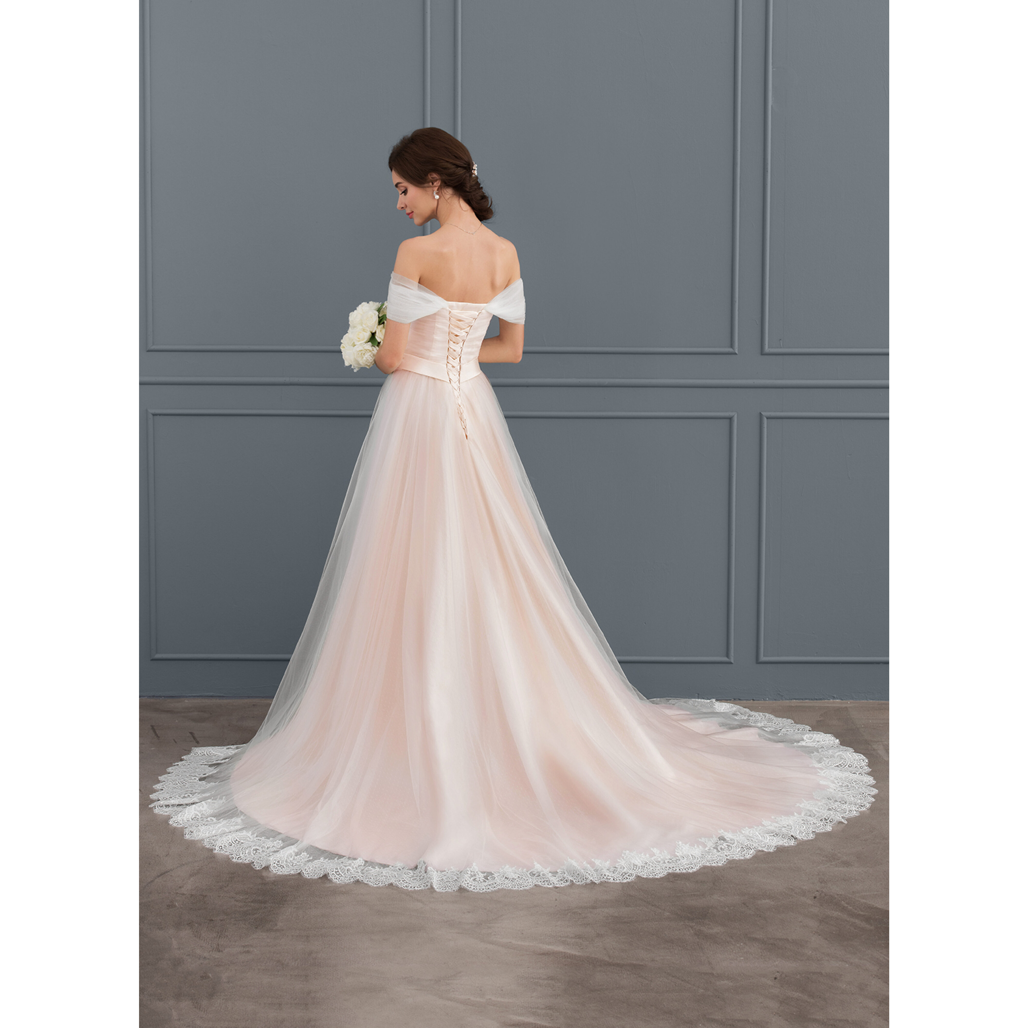 jjshouse off the shoulder wedding dress JJ's House Ball-Gown Princess Off the Shoulder Court Train Lace Tulle Wedding Dress 2026 With Ruffle