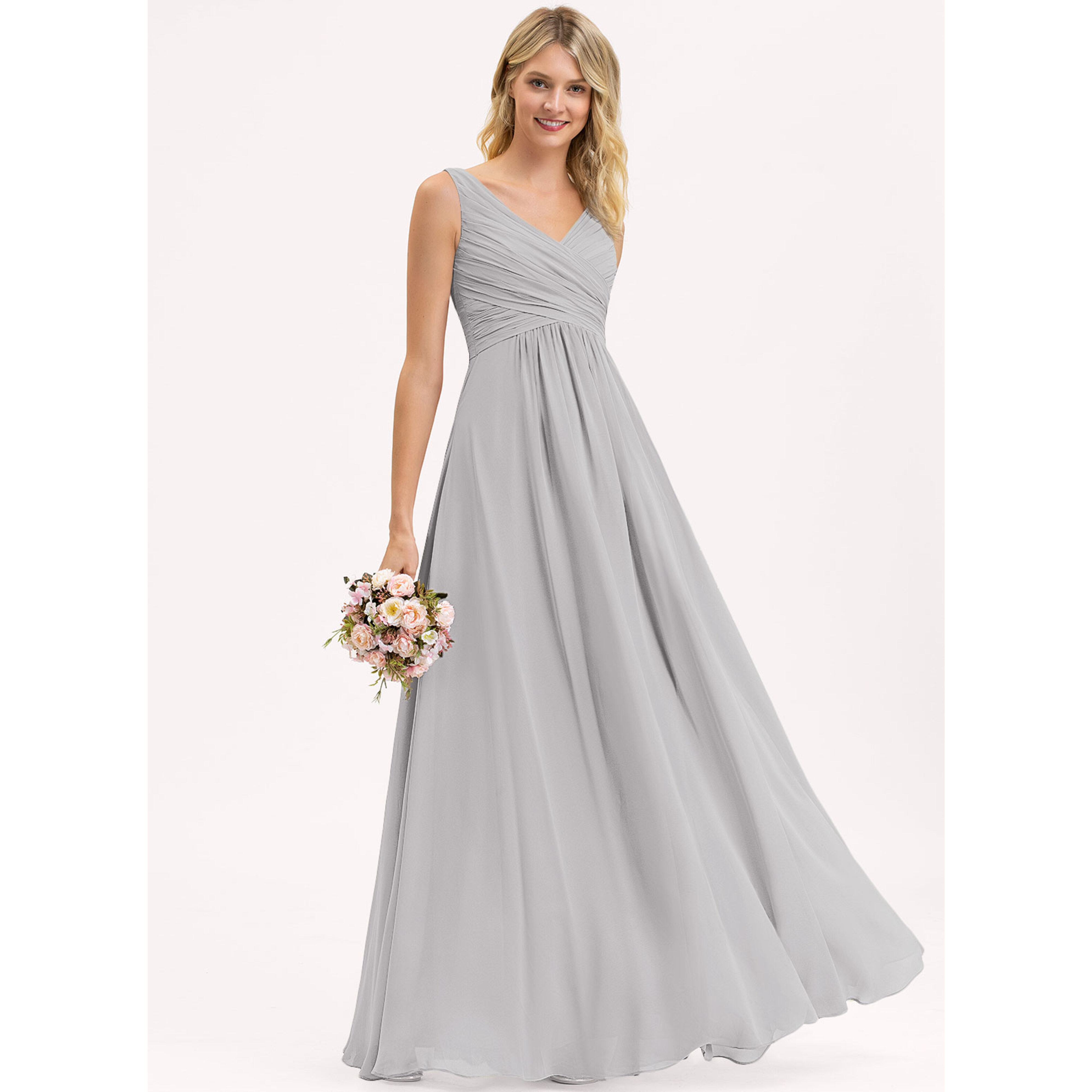 long gray bridesmaid dress Grey Keyhole Back Floor Length Chiffon Pockets Bridesmaid Dress