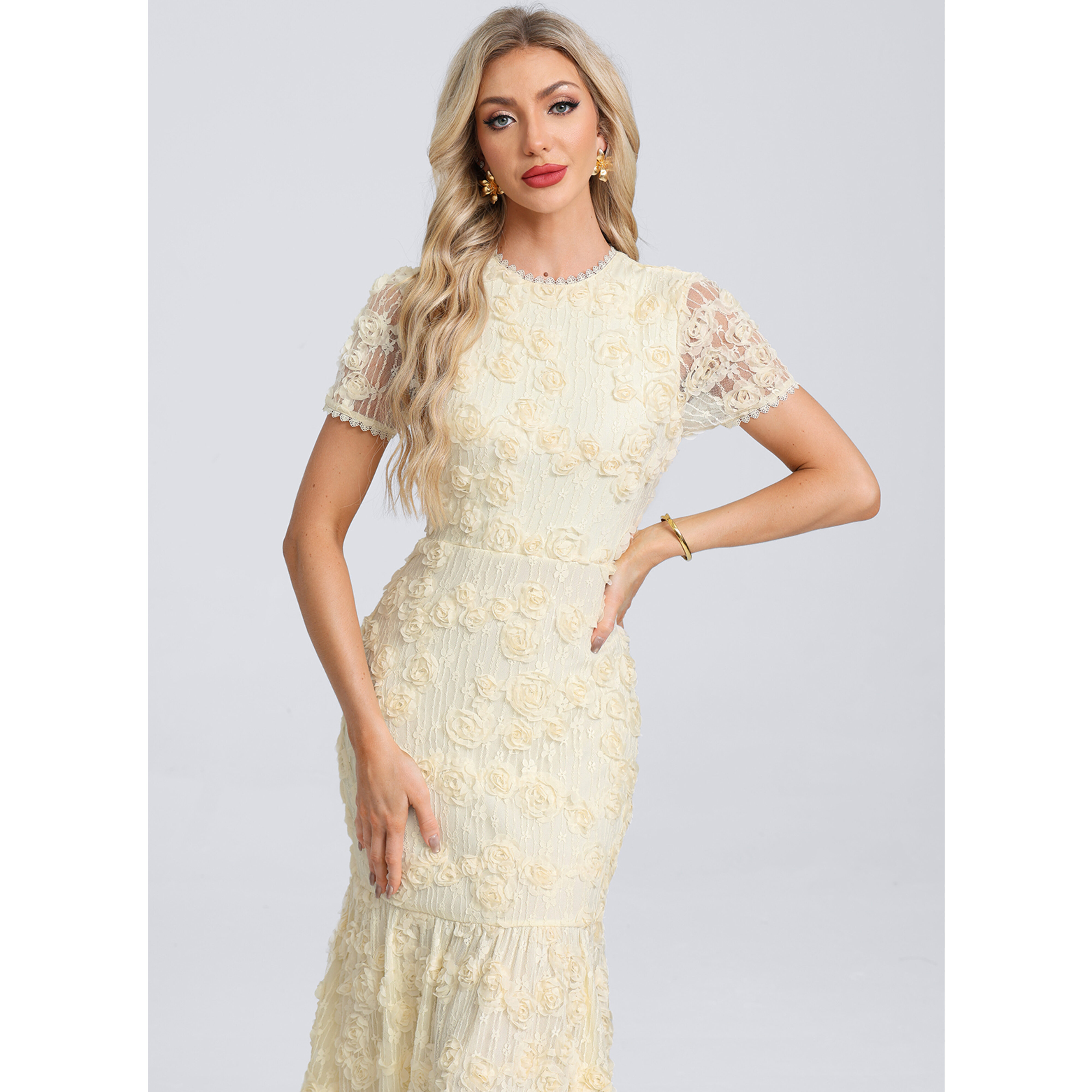floral print lace dress Pastel Yellow Floral Print Mesh Lace Maxi Dress main image 1