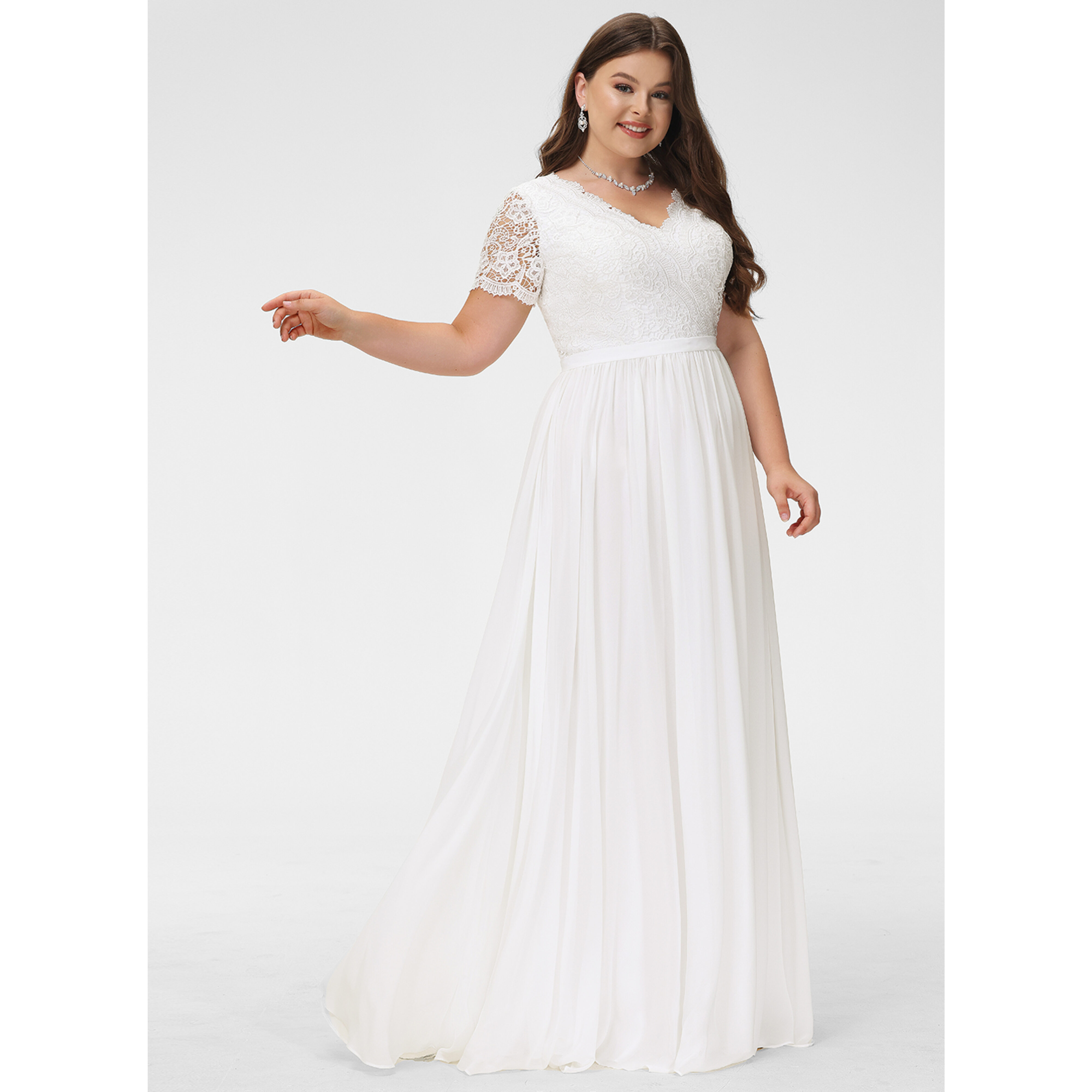 JJ's House A-line V-Neck Floor-Length Chiffon Lace Wedding Dress 2026 - Size: 22, Ivory, White. Available in Regular, Petite & Plus Size.