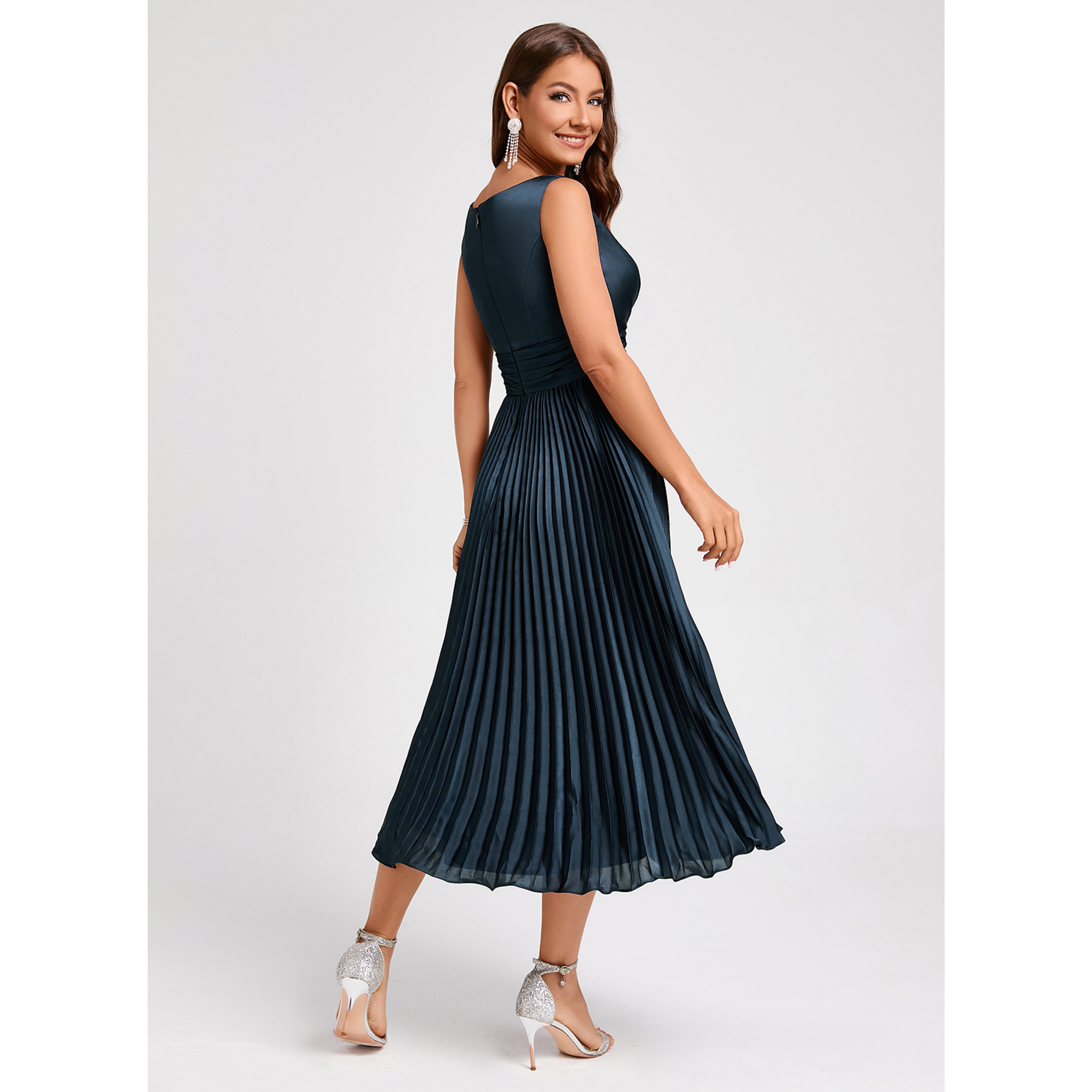 pleated cocktail midi dress Square Neck Midi Dress For Women - Retro A-Line Pleated Dress