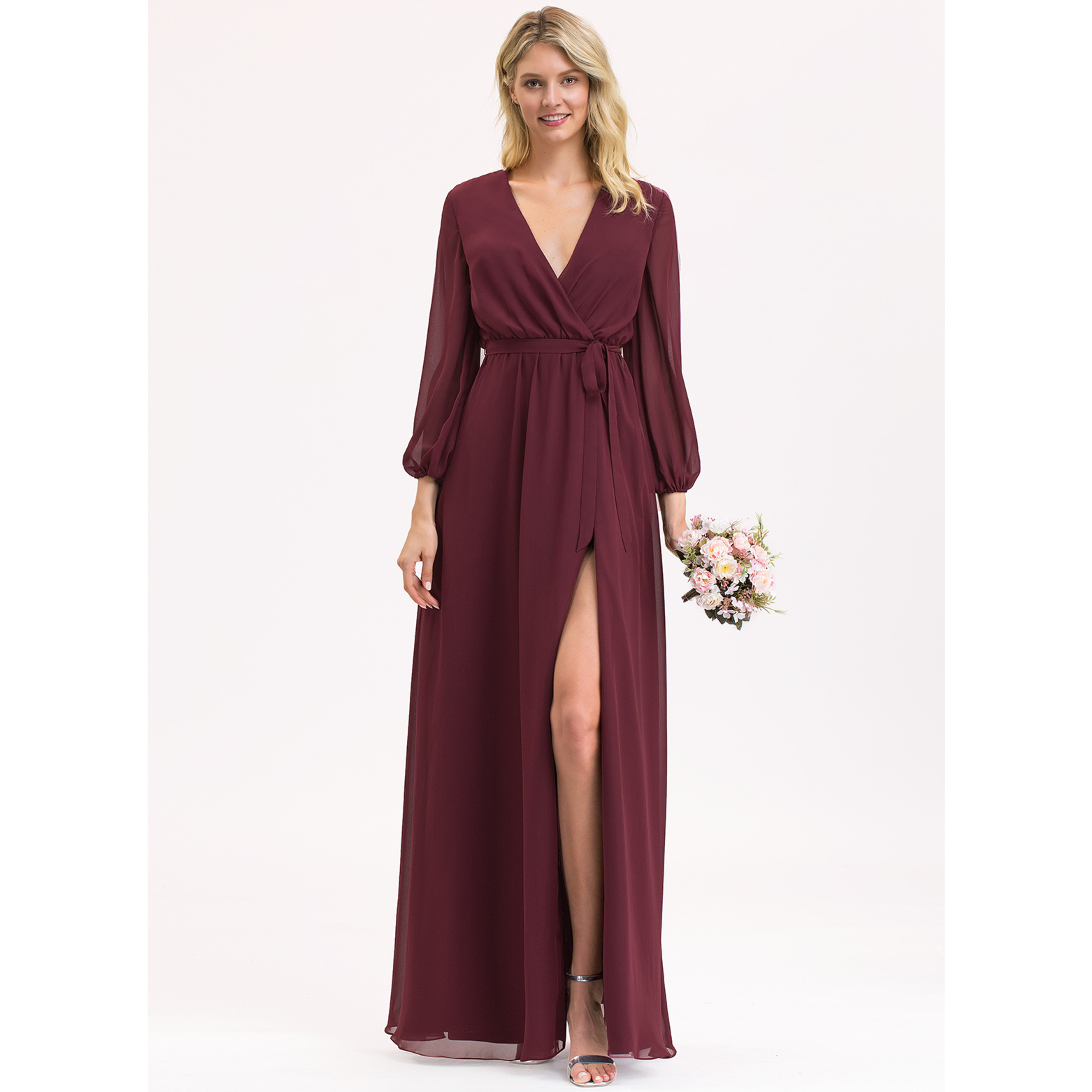 faux wrap pleated chiffon bridesmaid dress JJ's House A-line V-Neck Floor-Length 2025 With Bow This ethereal V nav-522 Calvin Klein Floral Tie Color:Light Blue as Picture