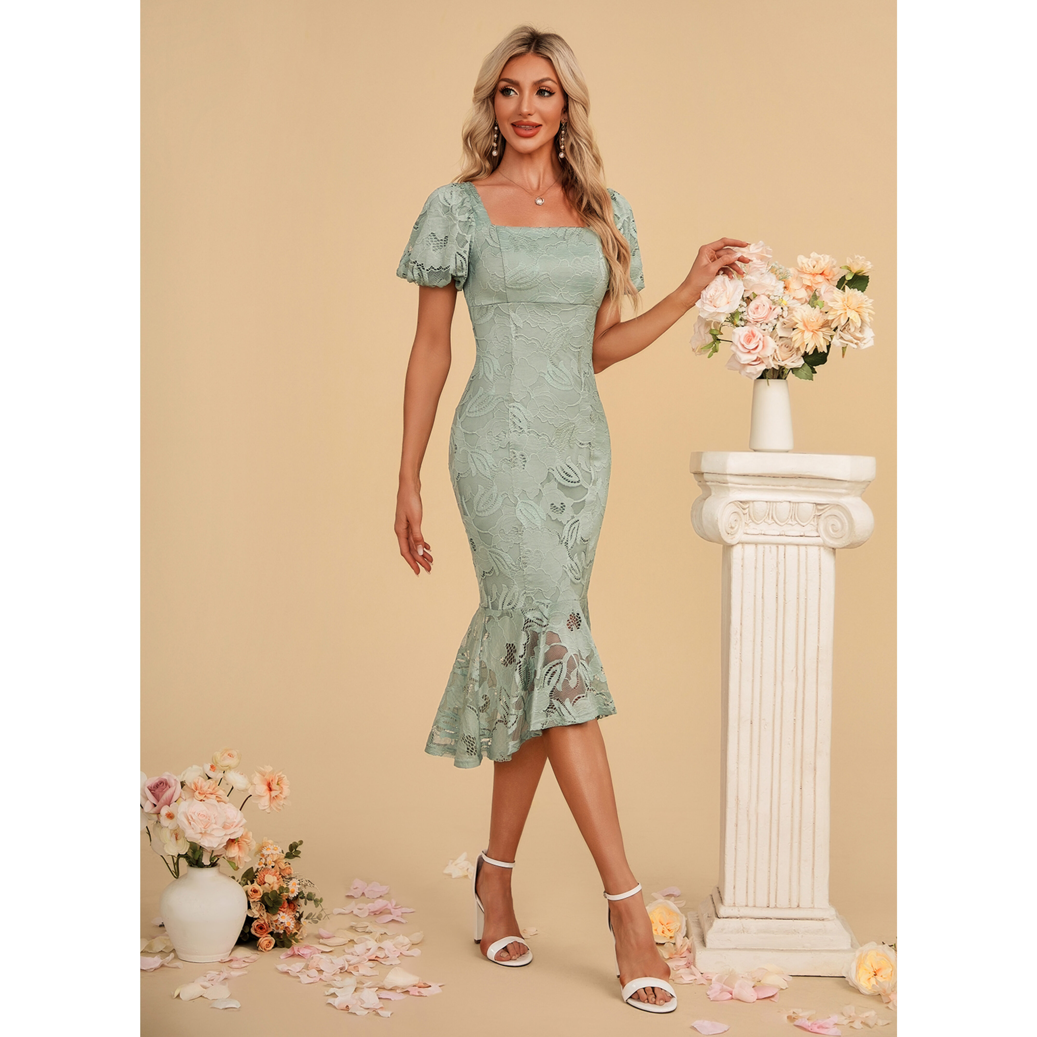 JJ's House Trumpet Mermaid Square Tea-Length Lace Cocktail Dress 2026 - Size: S, Celadon, Green JJ's House Trumpet Mermaid Square Tea-Length Lace Cocktail Dress 2026 - Size: S, Celadon, Green