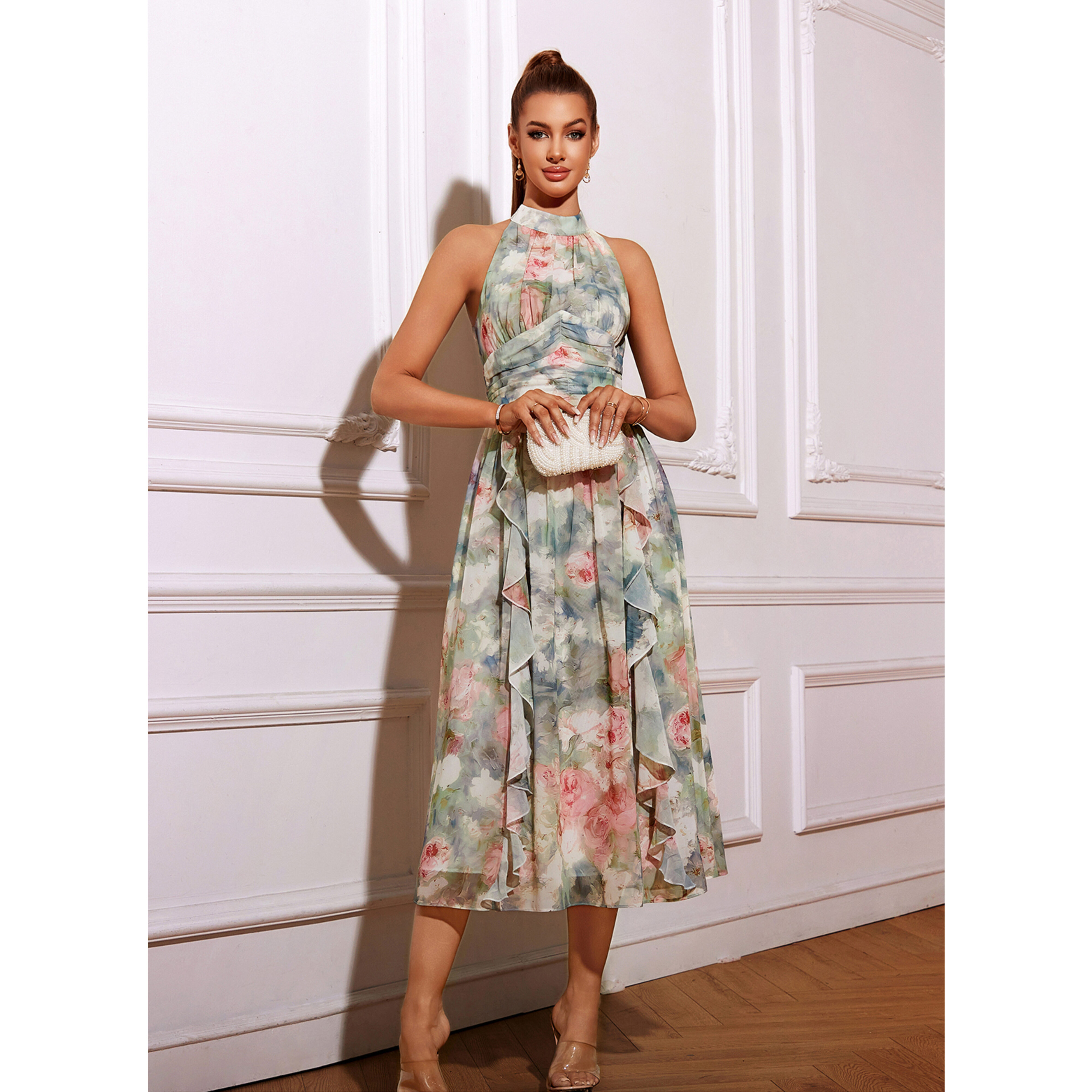 Azeneth Halter Floral Print Chiffon Midi Cocktail Dress | JJ's House