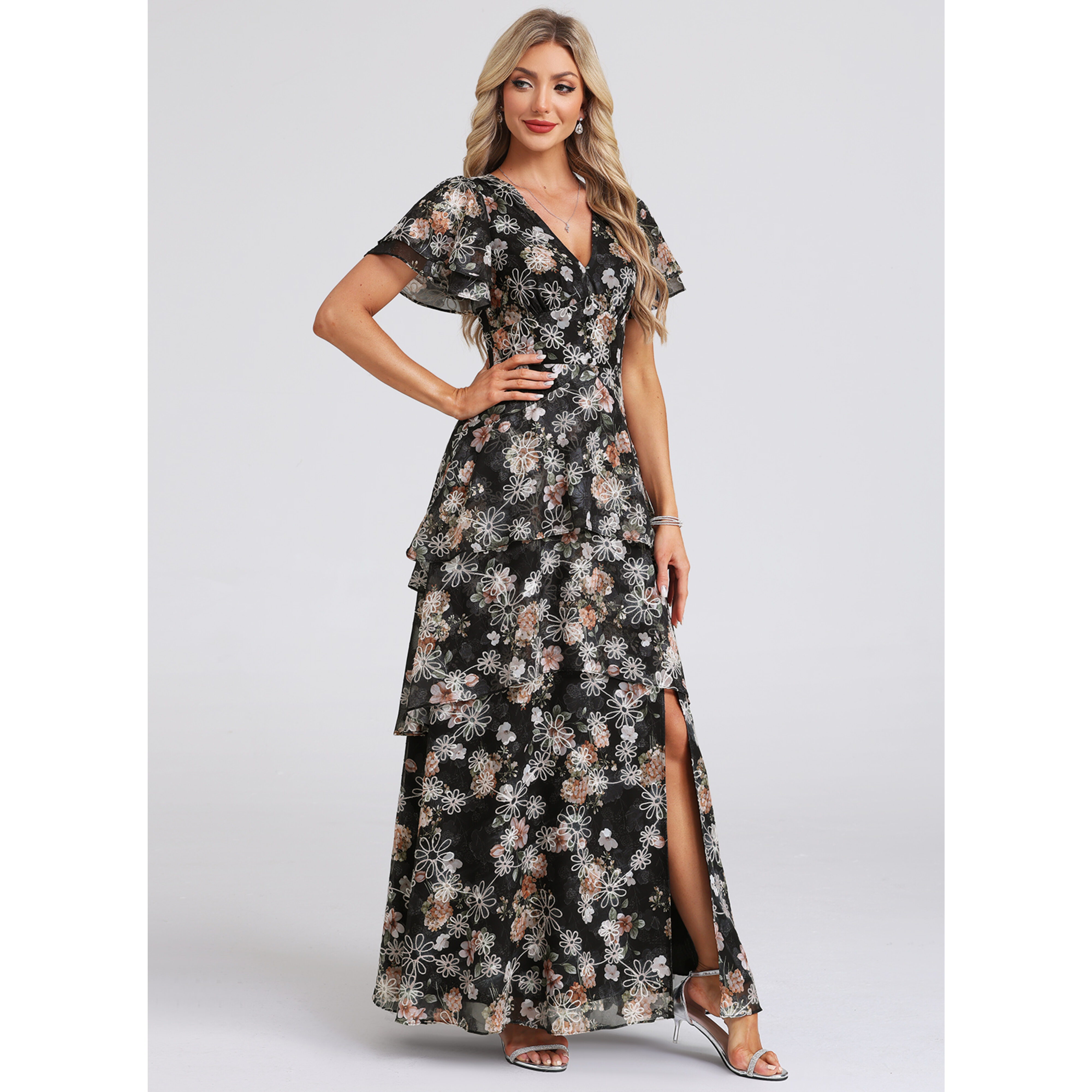 Sadierose Floral Print Printed Fabric Maxi Cocktail Dress | JJ's House