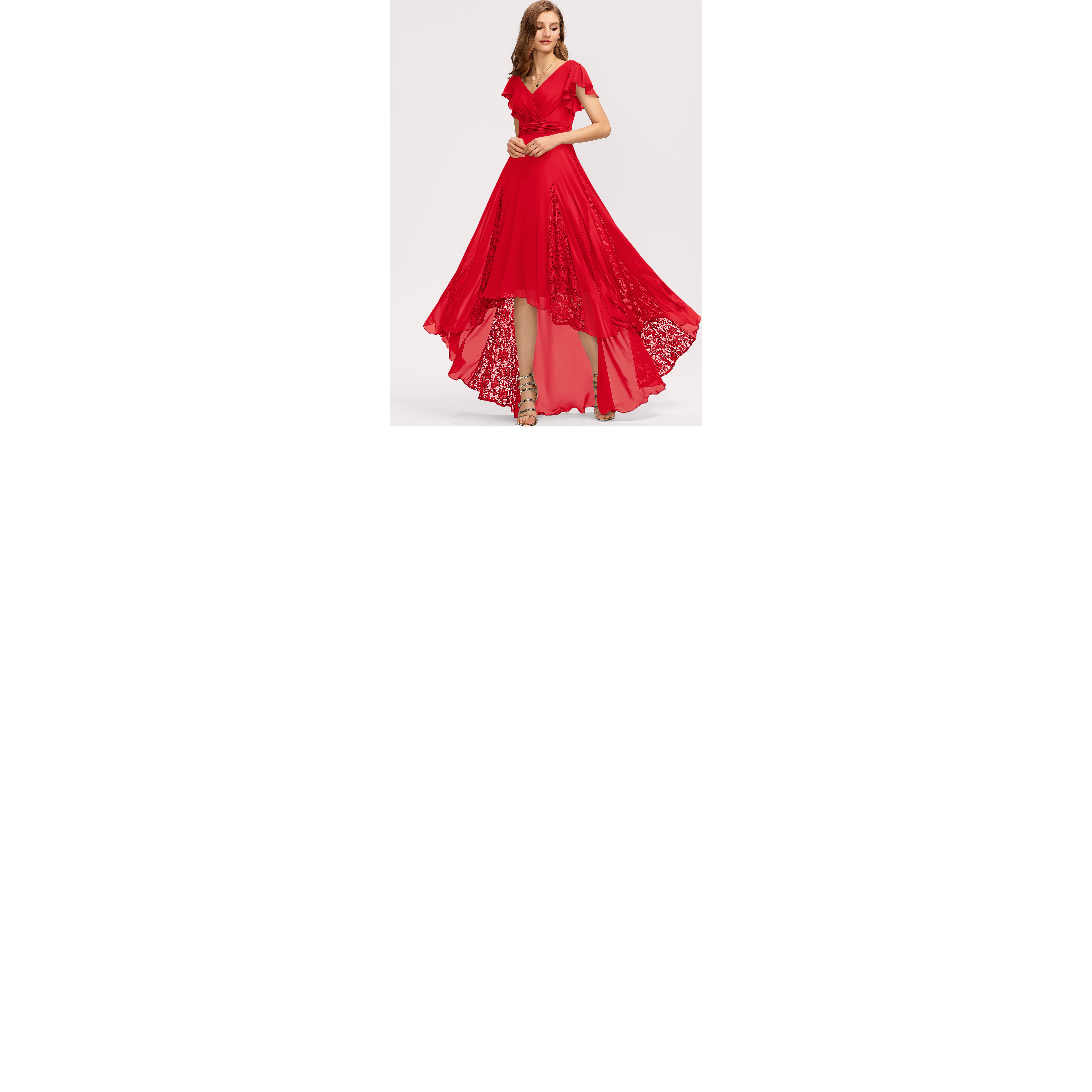 dipped hem bridesmaid dresses Embroidered Lace Deep V-Neck A-line Irregular Bridesmaid Dress main image 0