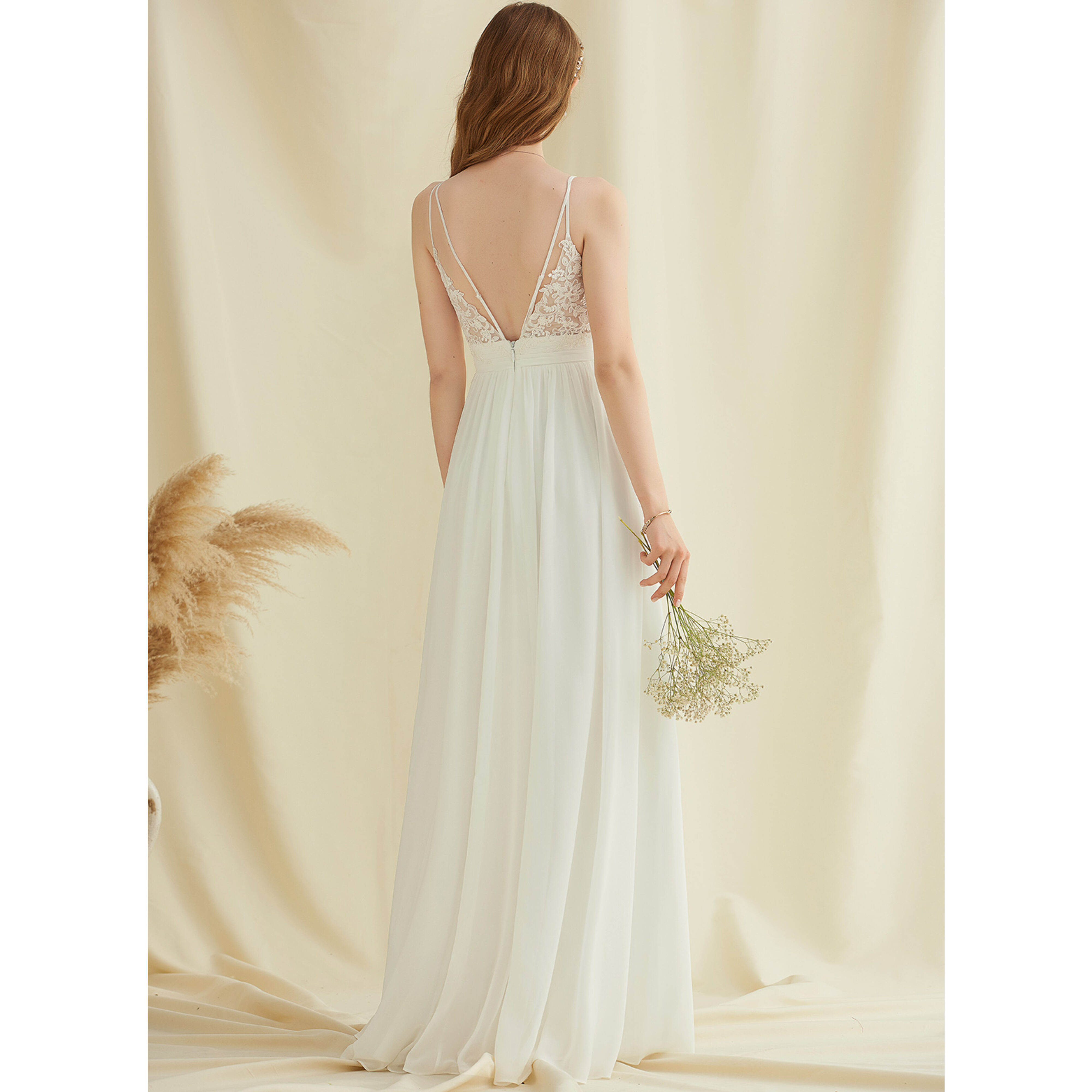 JJ's House A-line V-Neck Floor-Length Chiffon Wedding Dress 2026 - Size: 06, Ivory, White