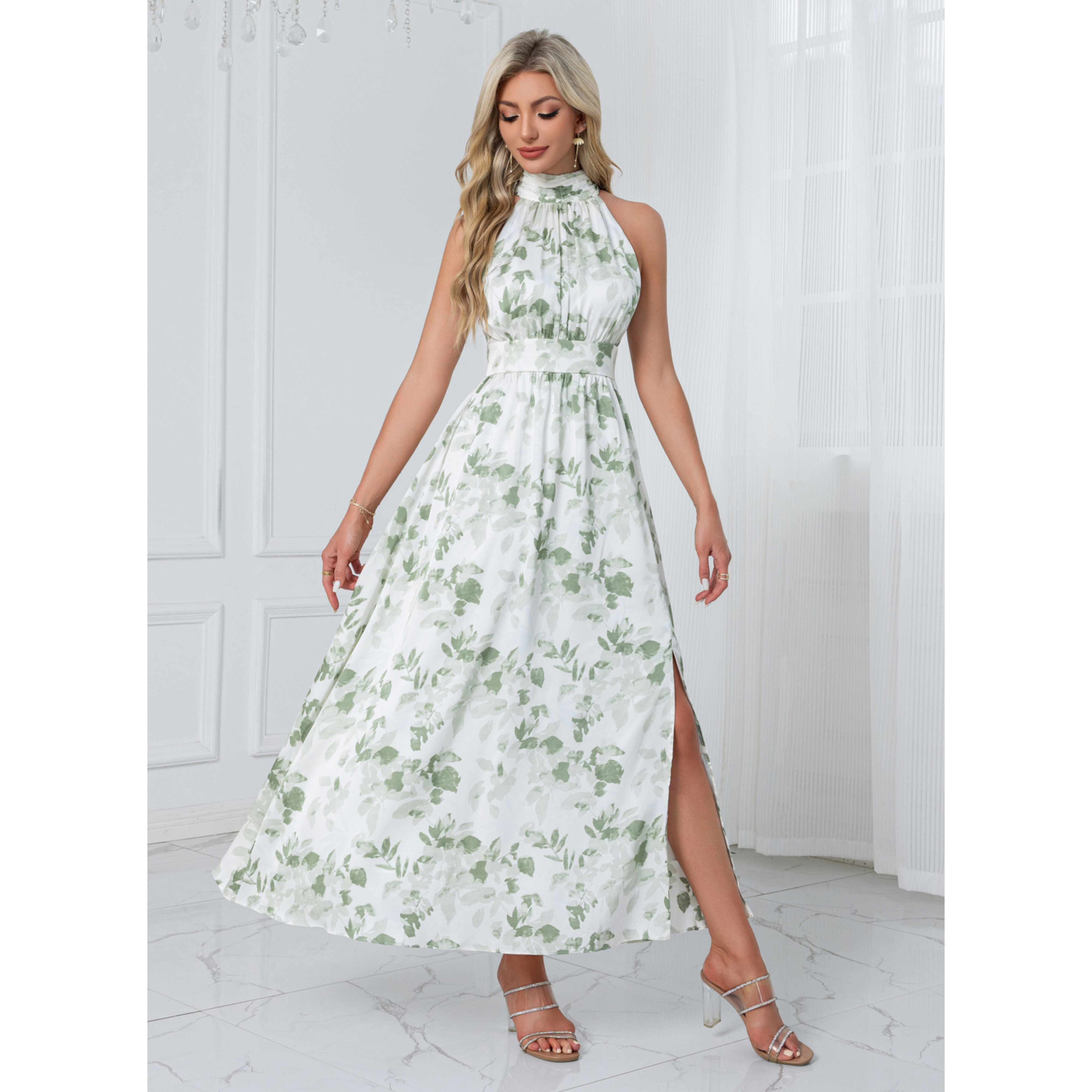 Janelis Halter Floral Print Chiffon Midi Dress | JJ's House