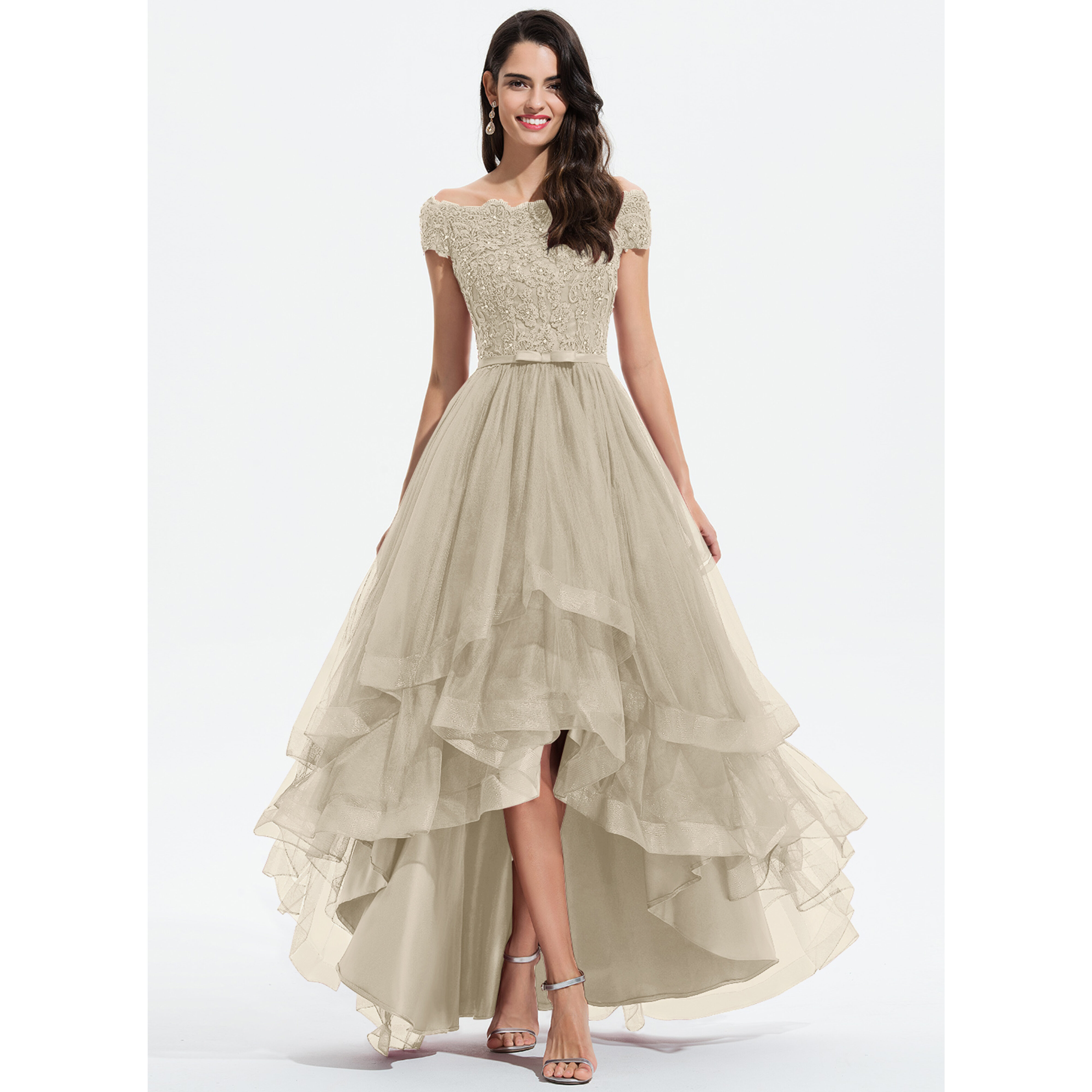 JJ's House A-line Off the Shoulder Asymmetrical Lace Tulle Evening Dress 2026 With Beading Bow Sequins - Size: 06, Sand, Neutral