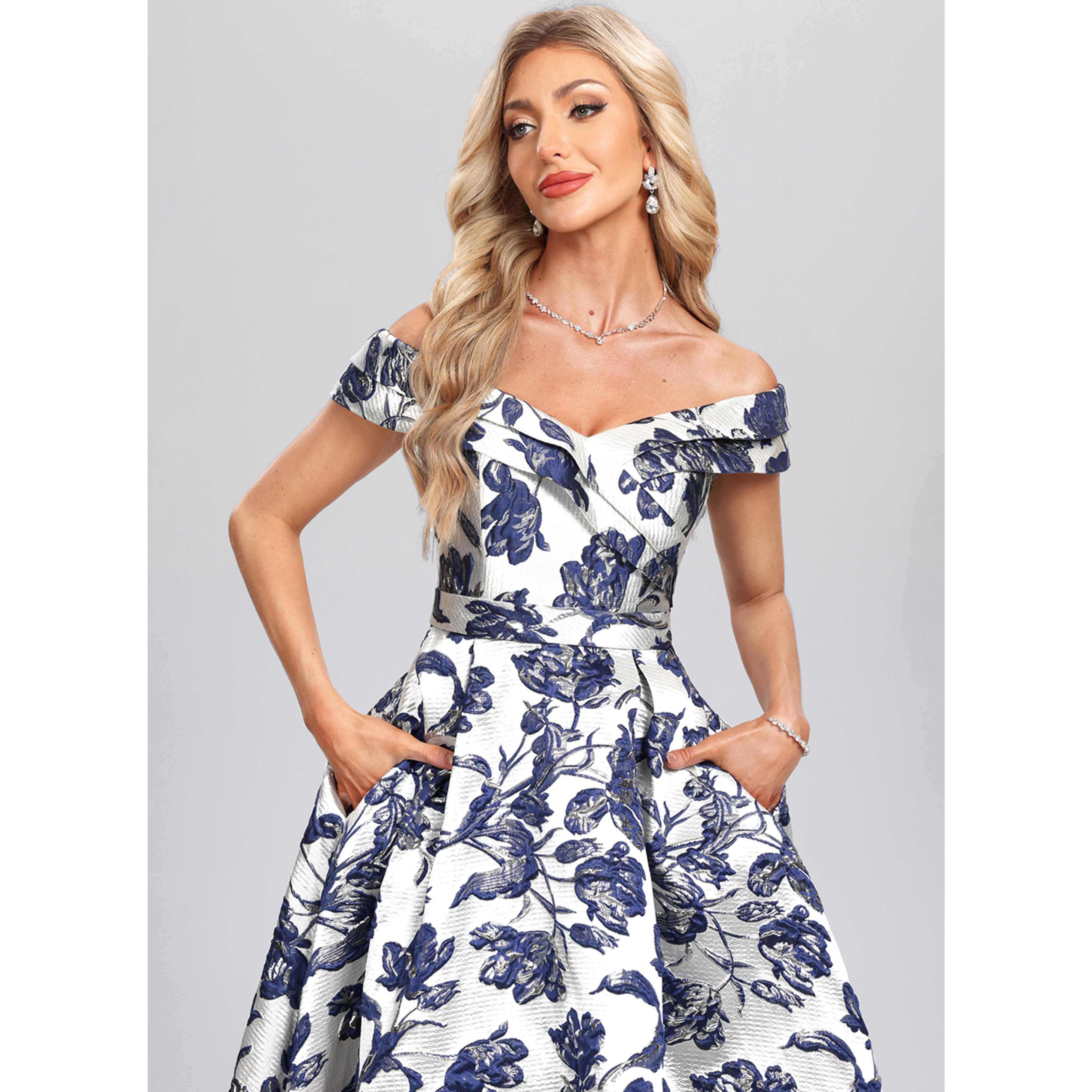 Janae Off the Shoulder Floral Print Jacquard Midi Cocktail Dress