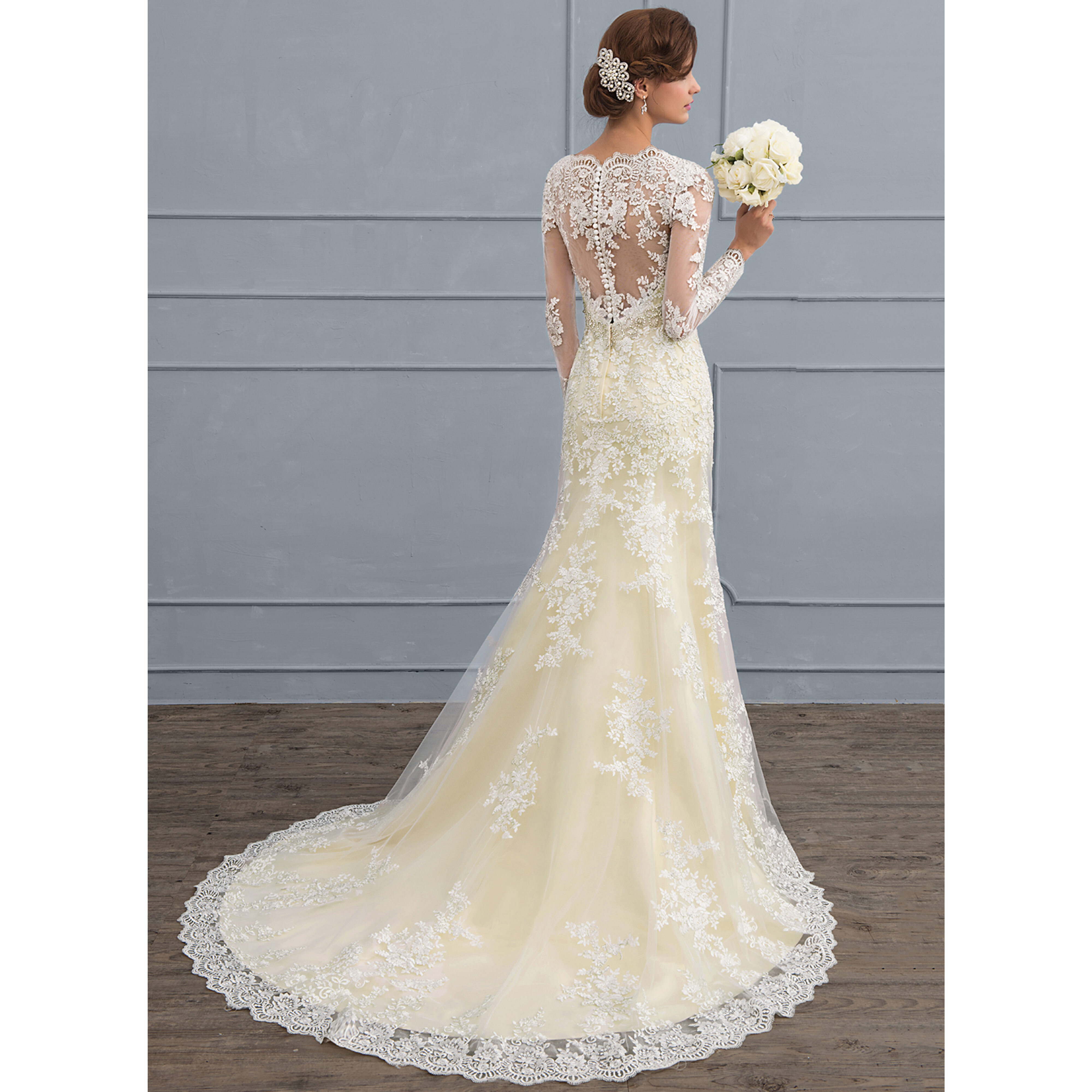 trumpet mermaid long sleeve wedding dress Missacc Ivory Bride Trumpet/Mermaid Off-The-Shoulder Long Sleeves Lace Wedding Dresses