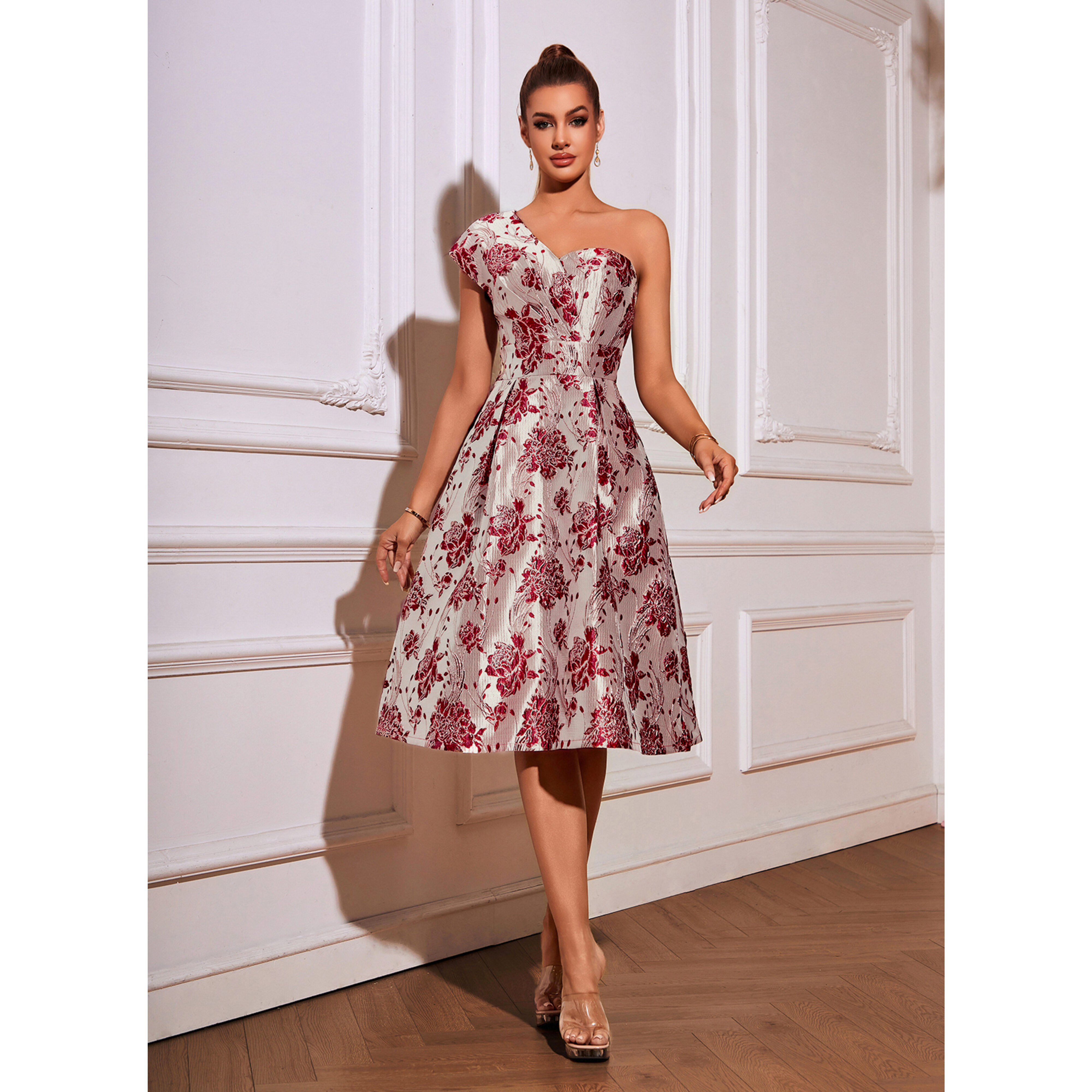 Baylei One Shoulder Jacquard Midi Cocktail Dress | JJ's House