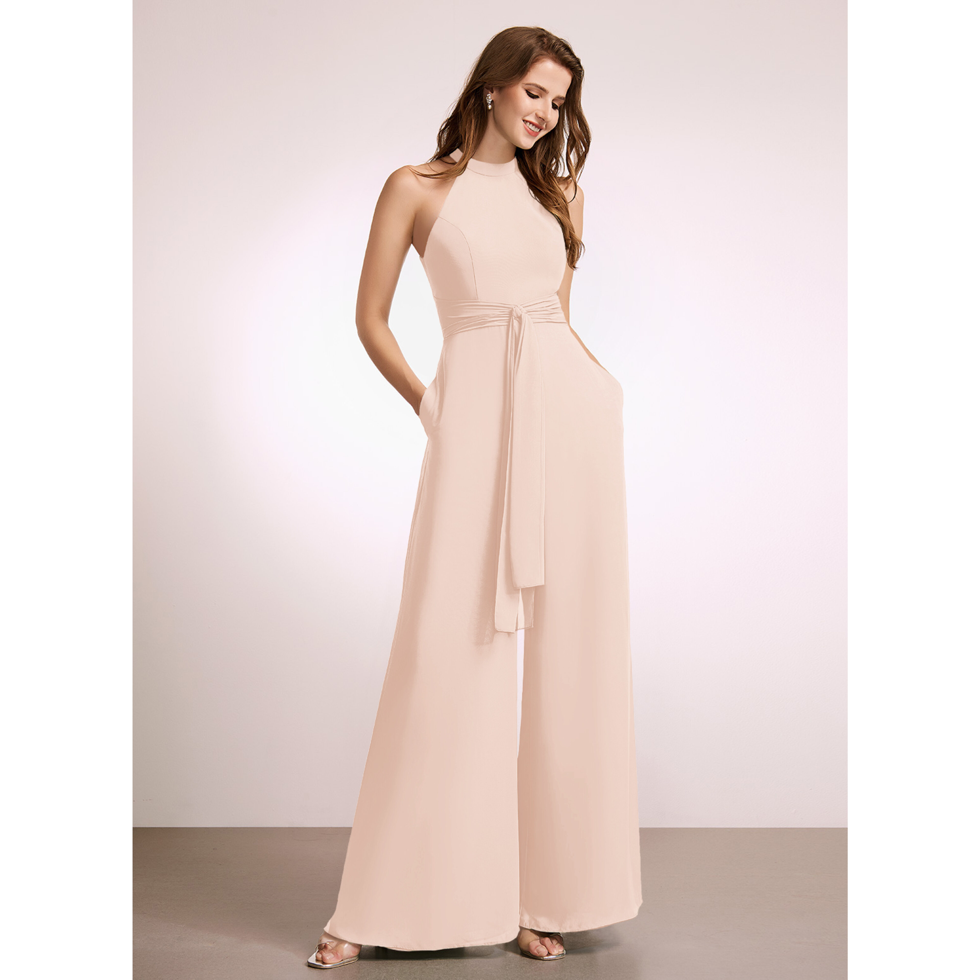 bridesmaid jumpsuit dress JJ's House Jumpsuits High Neck Floor-Length Chiffon 2025 With Bow waist:50