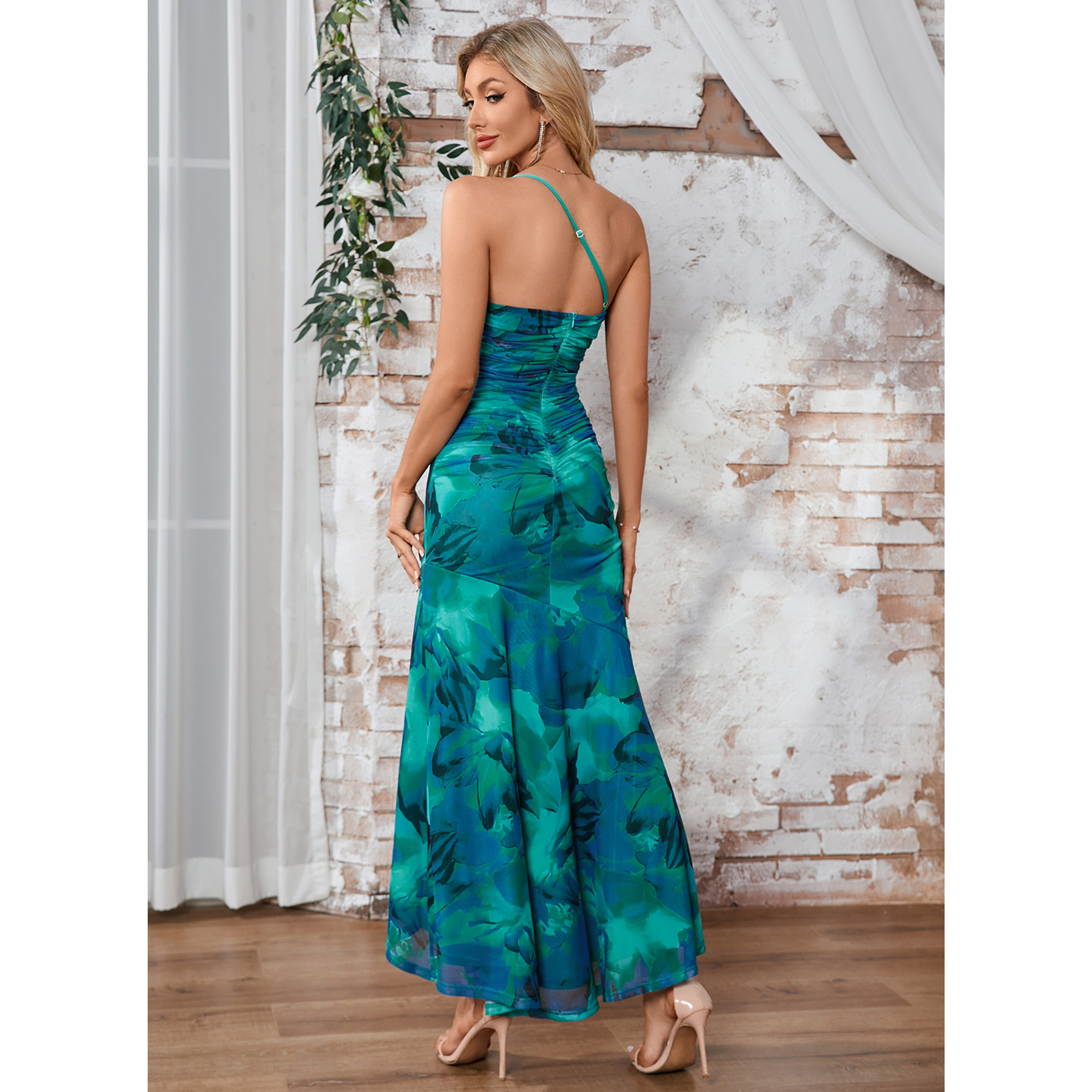 Abelene One Shoulder Floral Print Spandex Maxi Dress | JJ's House