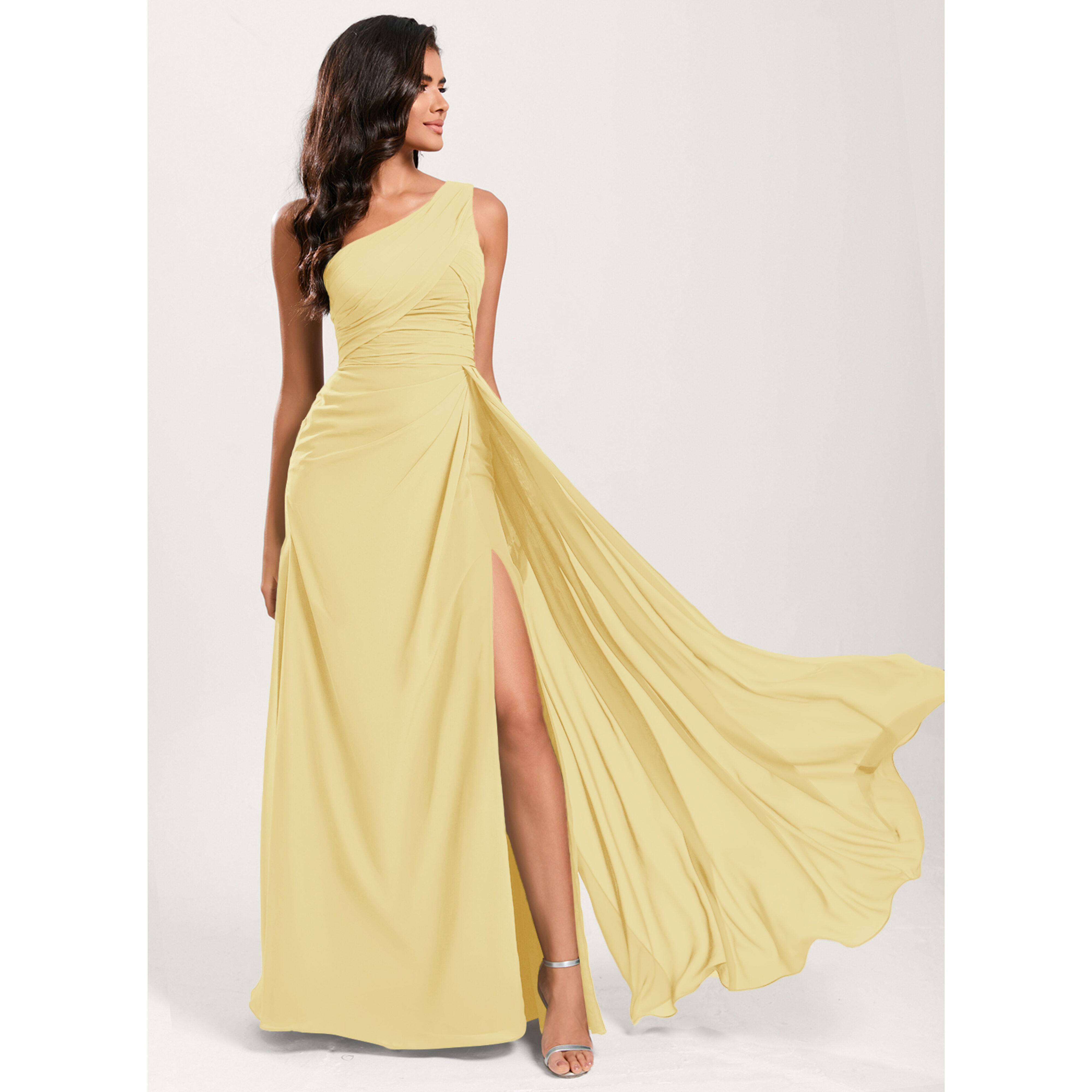 JJ's House A-line One Shoulder Floor-Length Chiffon Bridesmaid Dress 2025 With Ruffle - Size: 02, Daffodil, Yellow