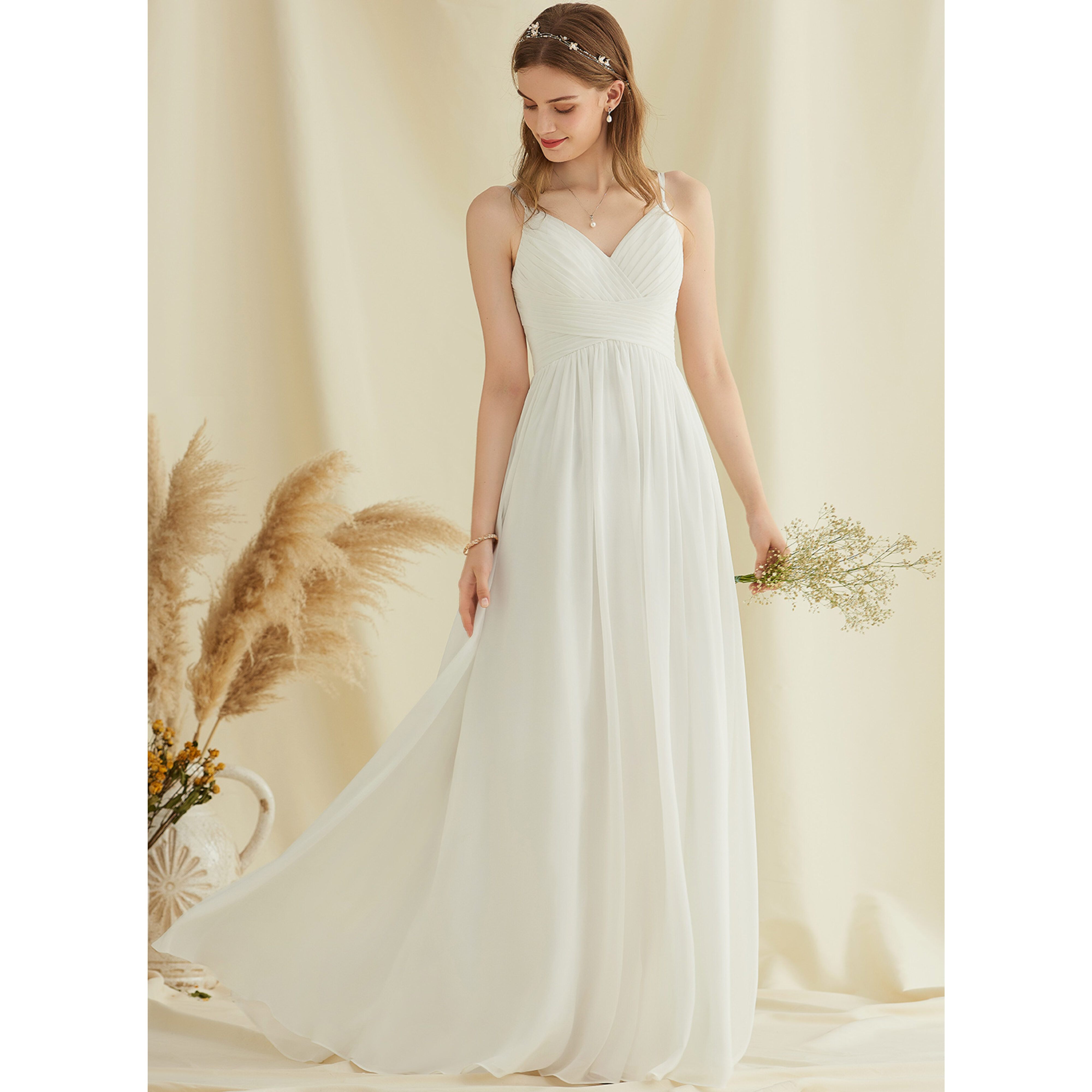 JJ's House A-line V-Neck Floor-Length Chiffon Wedding Dress 2026 - Size: 06, Ivory, White