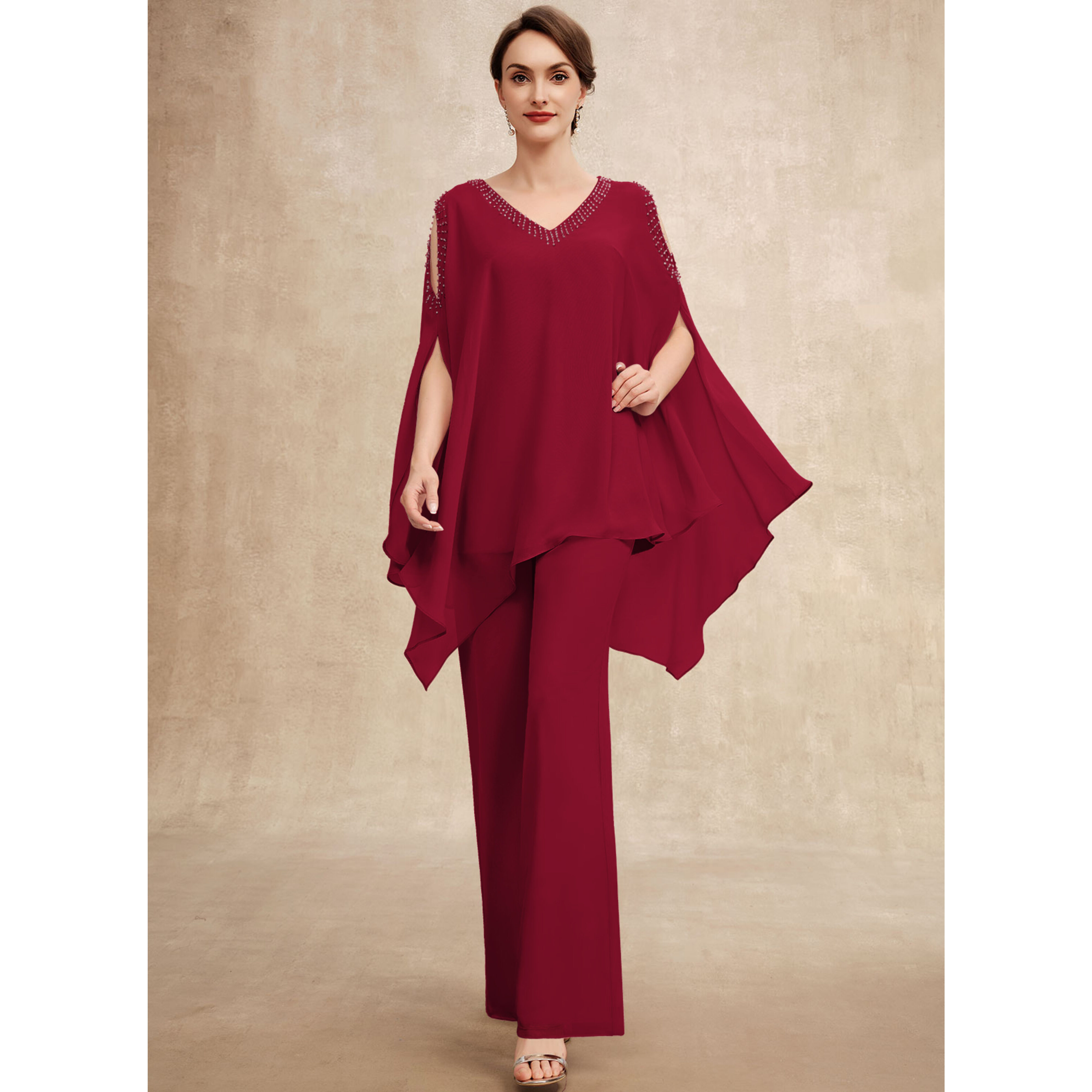 Hestia V-Neck Cape Chiffon Mother of the Bride Pantsuit | JJ's House