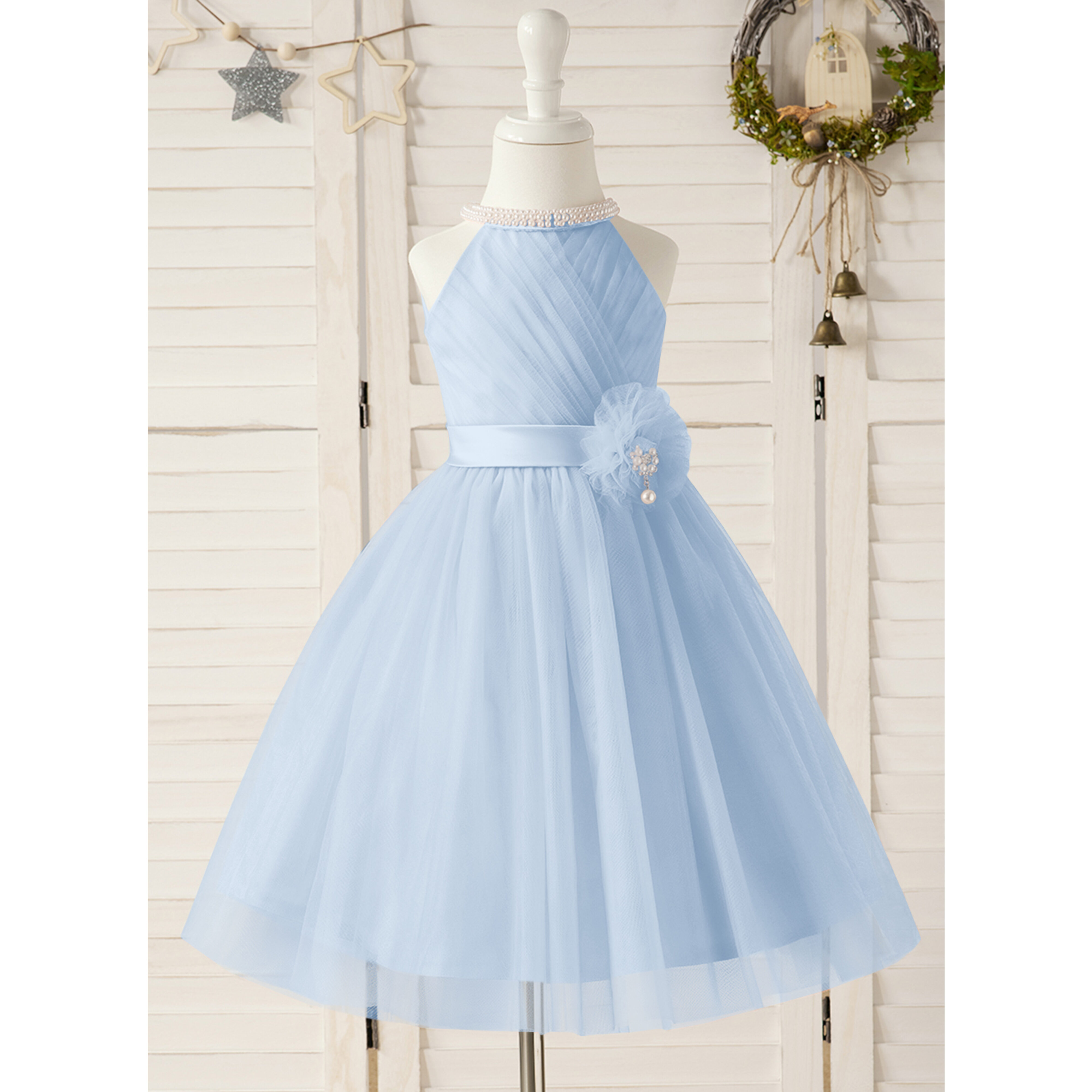 joyfunear bow front layered tube tulle dress JJ's House A-line Halter Knee-Length Flower Girl 2026 With Beaded BD100