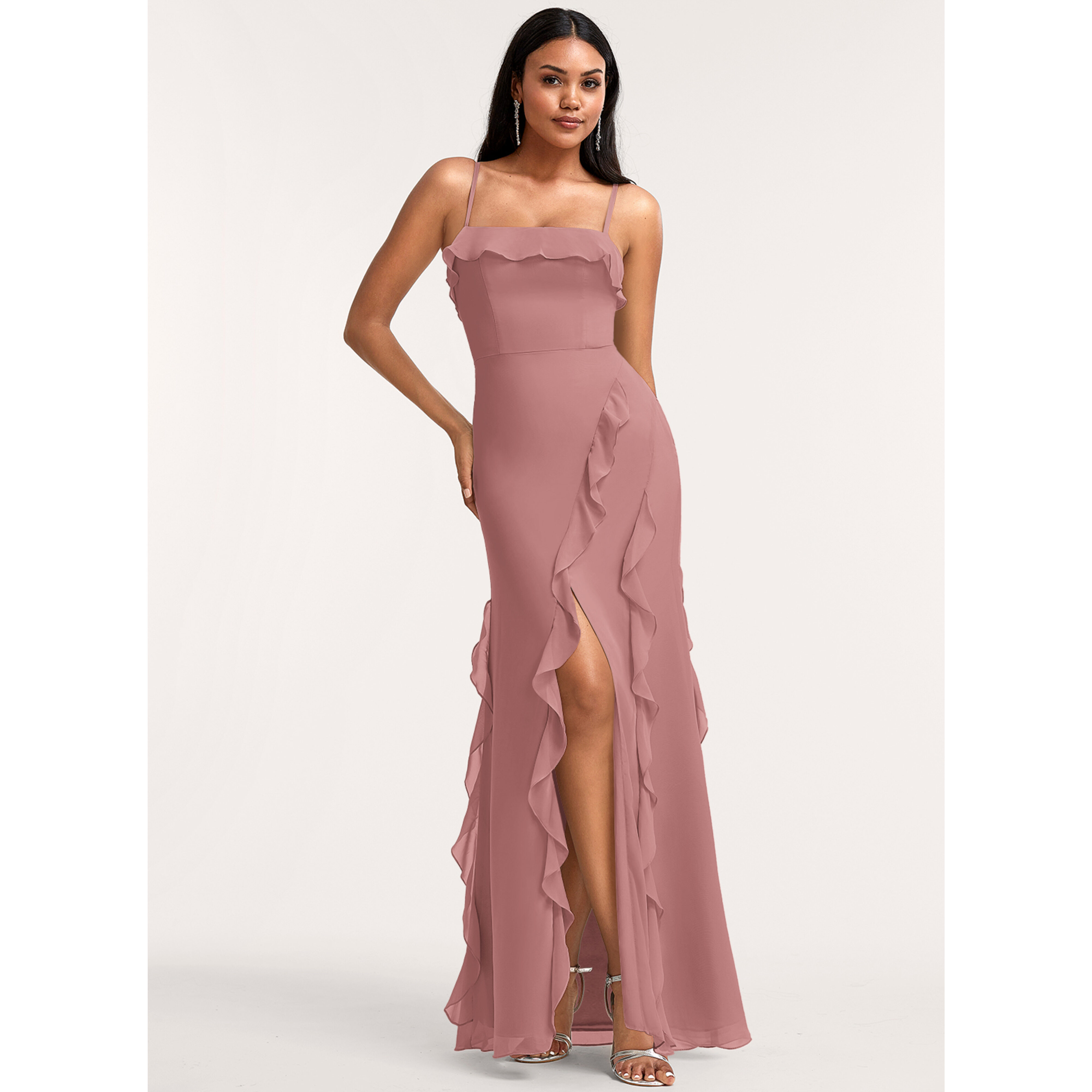 a-line square floor-length chiffon bridesmaid dress with ruffle JJ's House 2026 With a chic square
