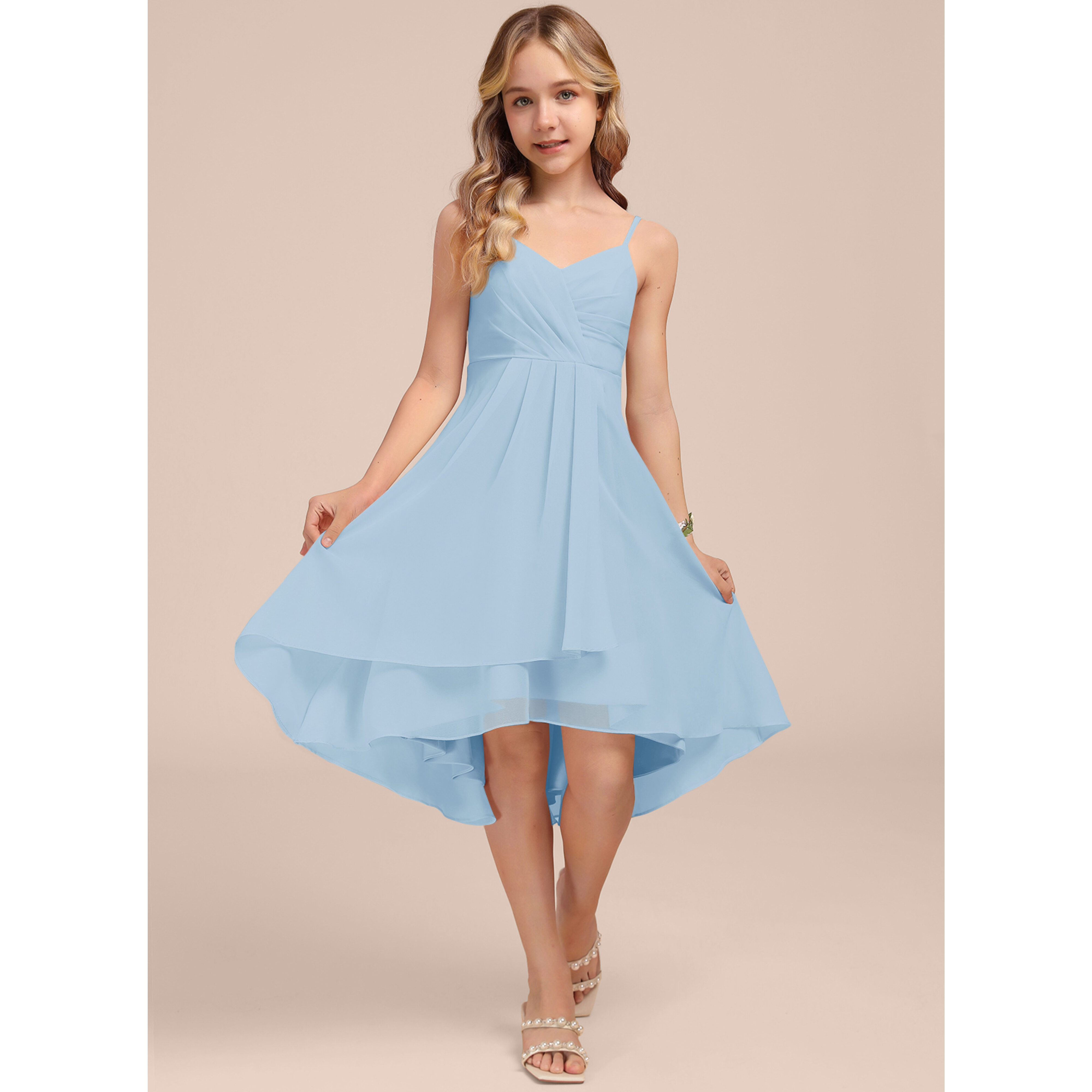 JJ's House A-line V-Neck Asymmetrical Chiffon Junior Bridesmaid Dress - Size: J6, Sky Blue JJ's House A-line V-Neck Asymmetrical Chiffon Junior Bridesmaid Dress - Size: J6, Sky Blue