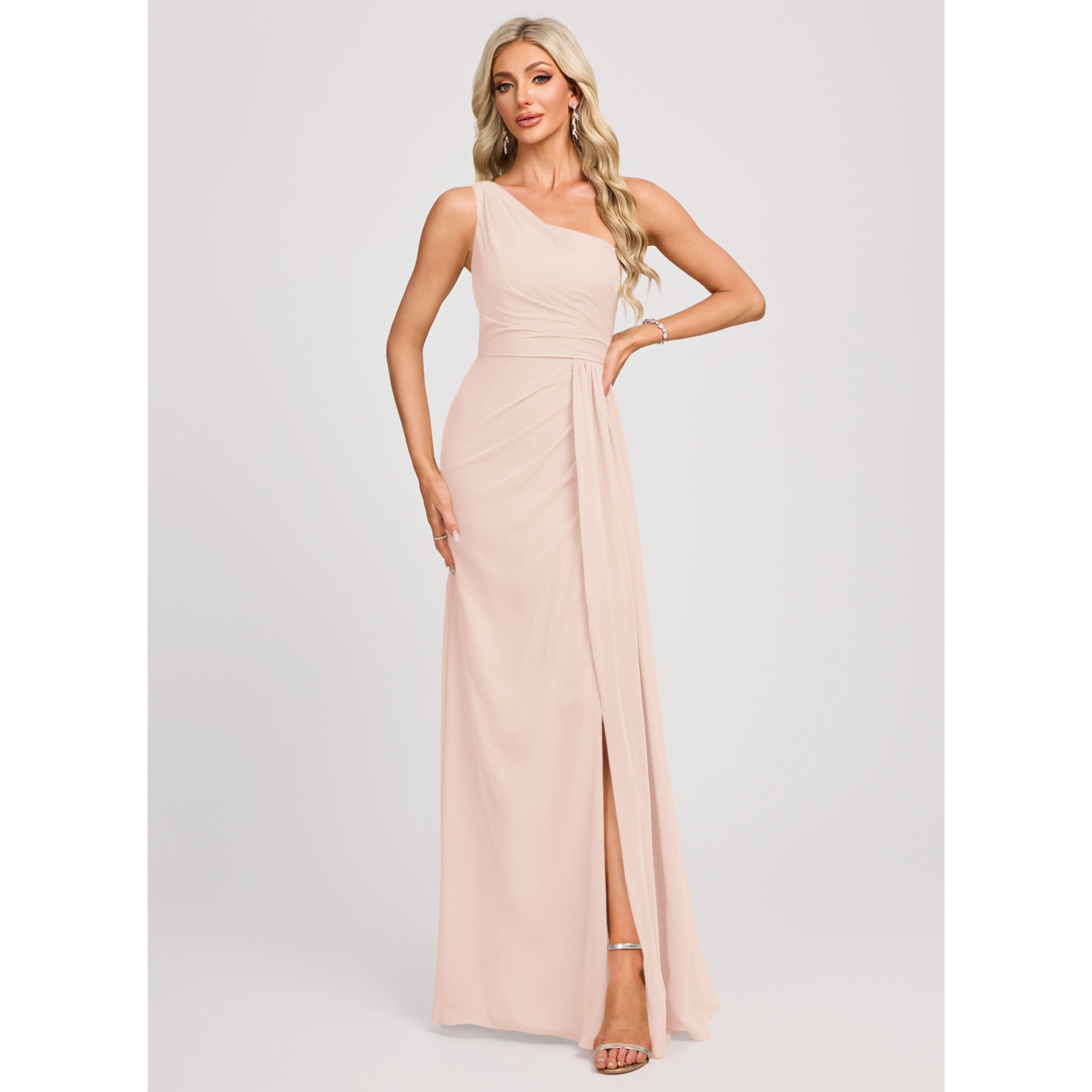bobbin net one shoulder flange bridesmaid dress JJ's House Hedda A-line Ruffle Chiffon in Blushing Pink perfectly complementing the sophisticated