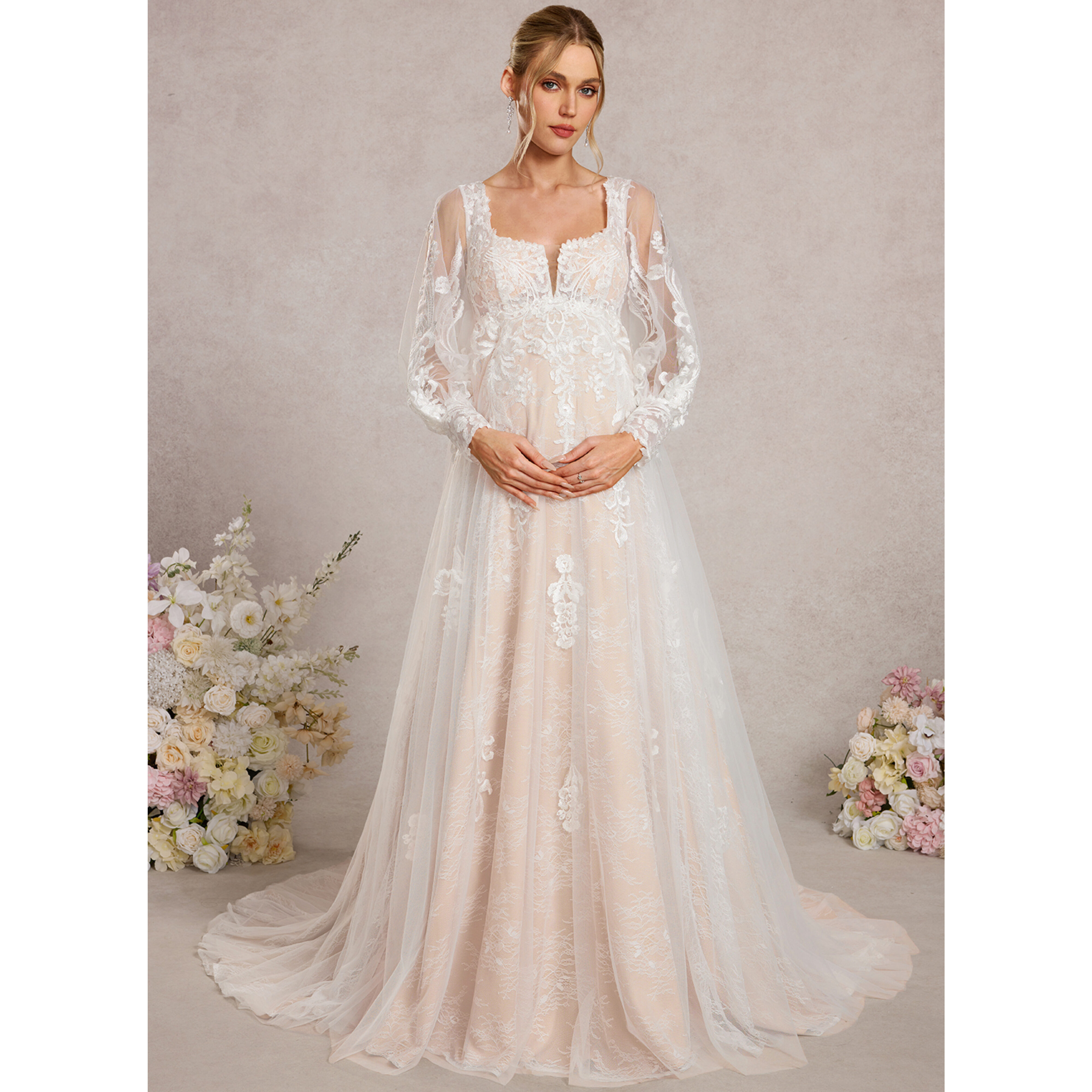 JJ's House A-line Square Court Train Lace Tulle Maternity Wedding Dress 2026 With Bow - Size: 14, Ivory-Cream