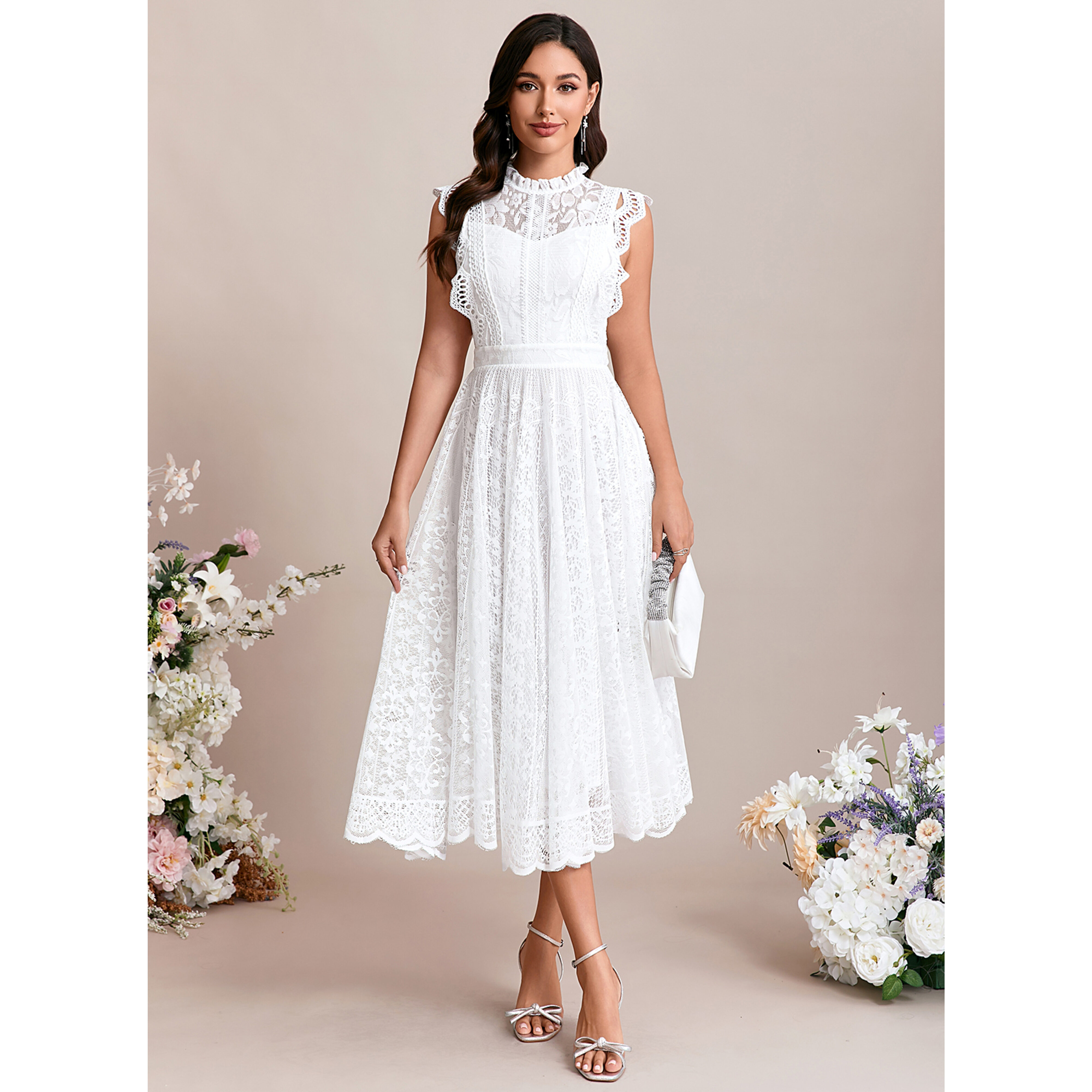 Hortencia High Neck Lace Midi Dress | JJ's House