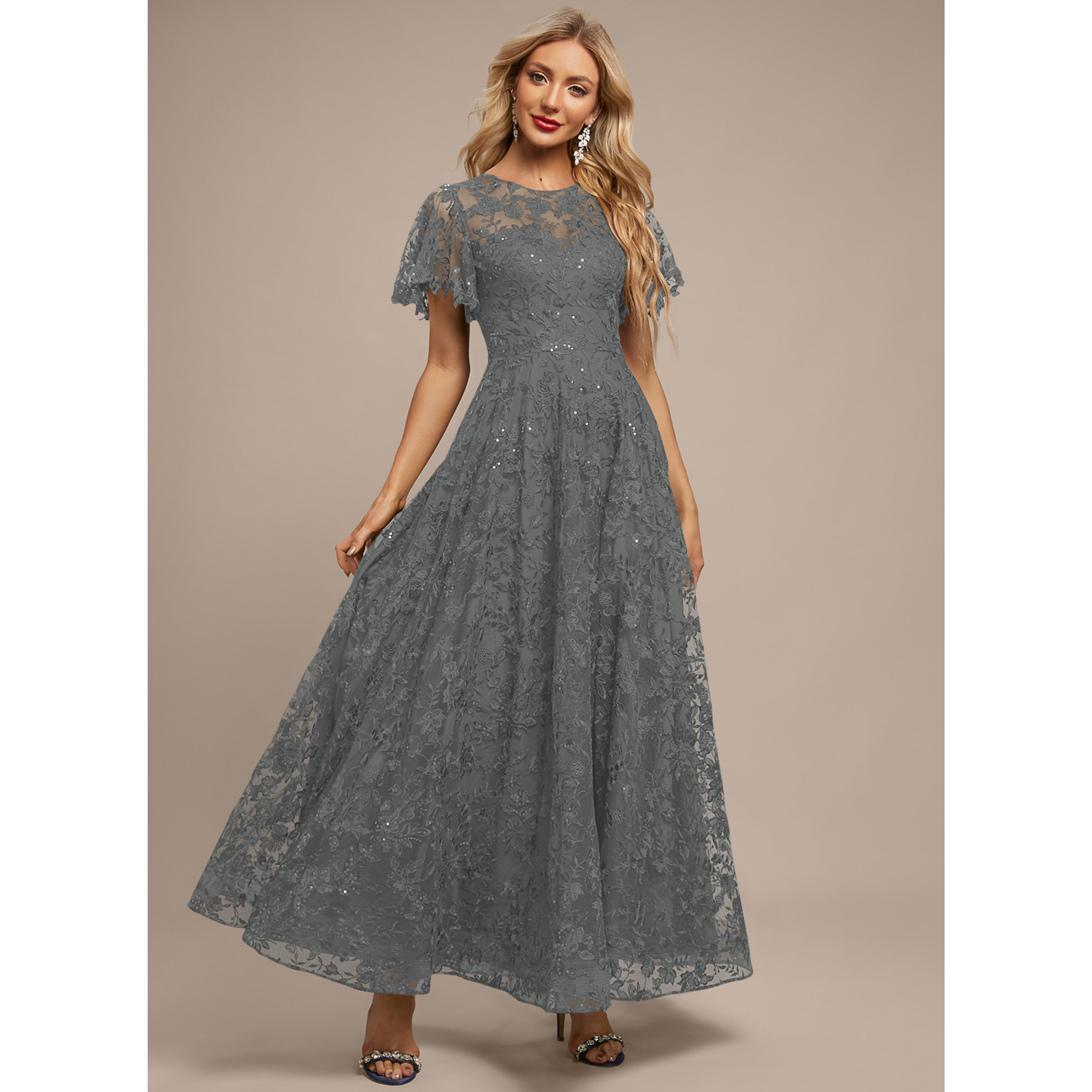 JJ's House A-line Scoop Illusion Ankle-Length Lace Evening Dress 2026 With Sequins - Size: 06, Dark Navy, Blue