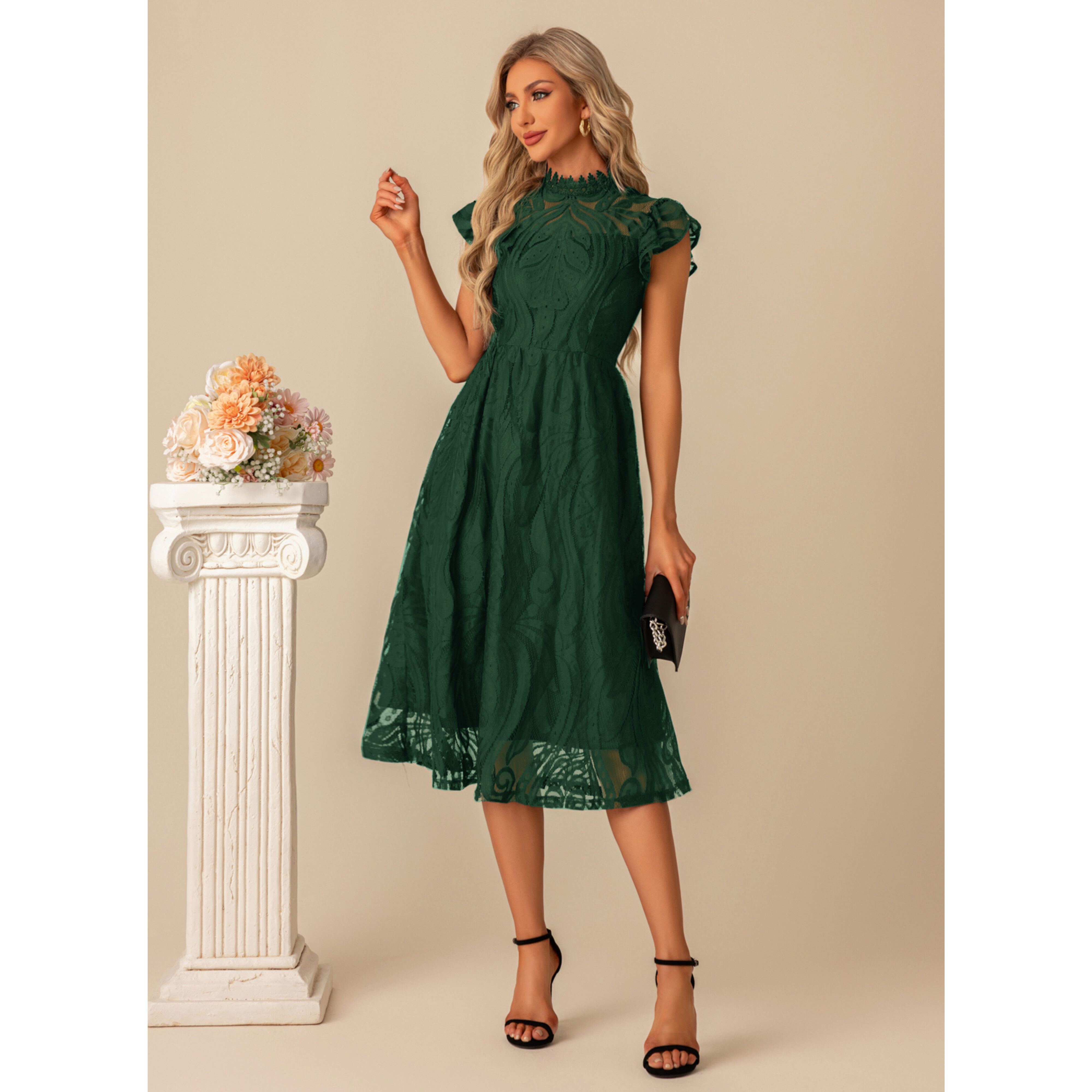 midi lace formal cocktail dress product info and reviews JJ's House A-line High Neck Illusion Tea-Length 2026 Mademoiselle lace