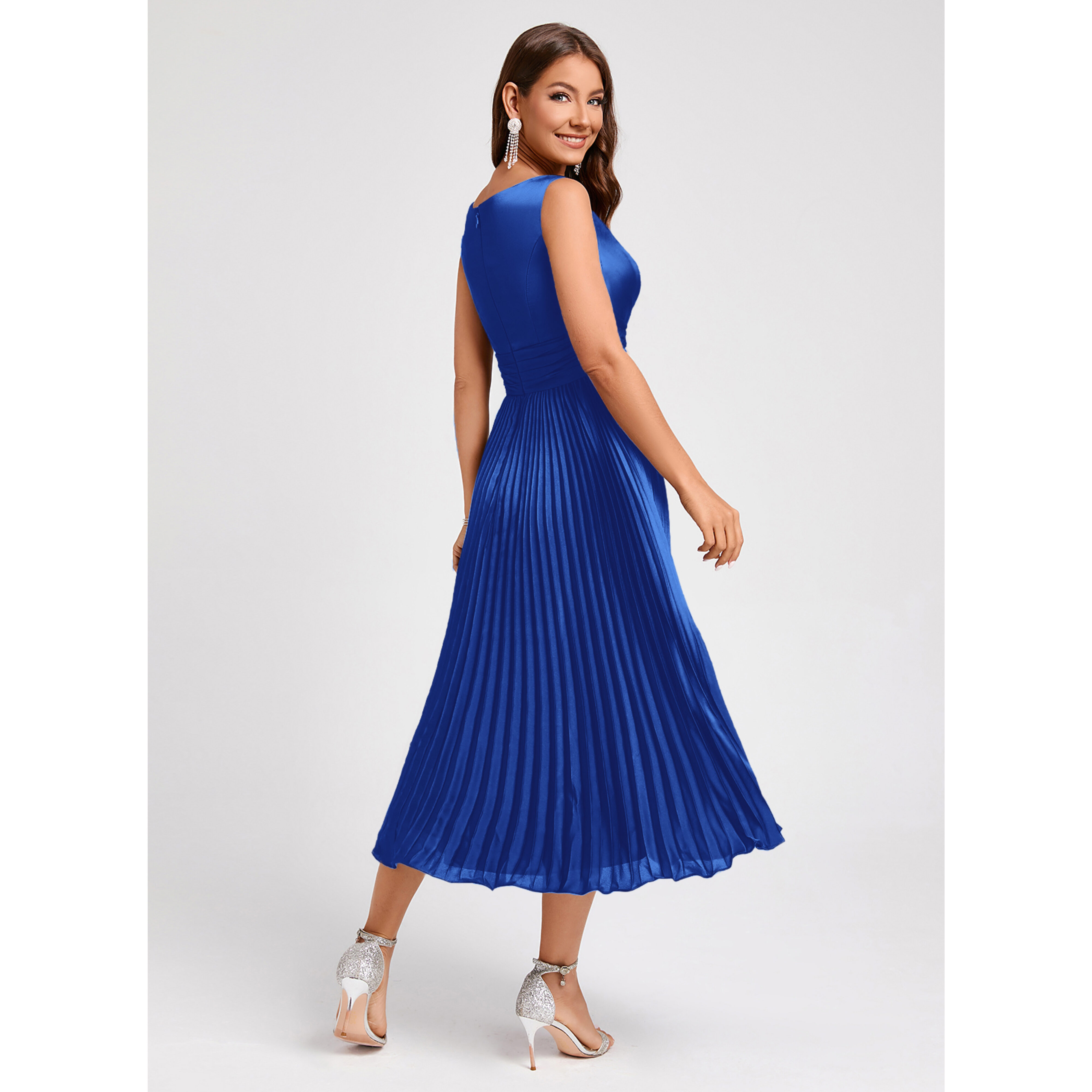JJ's House A-line V-Neck Tea-Length Stretch Satin Cocktail Dress 2026 With Pleated Ruffle - Size: 06, Royal Blue