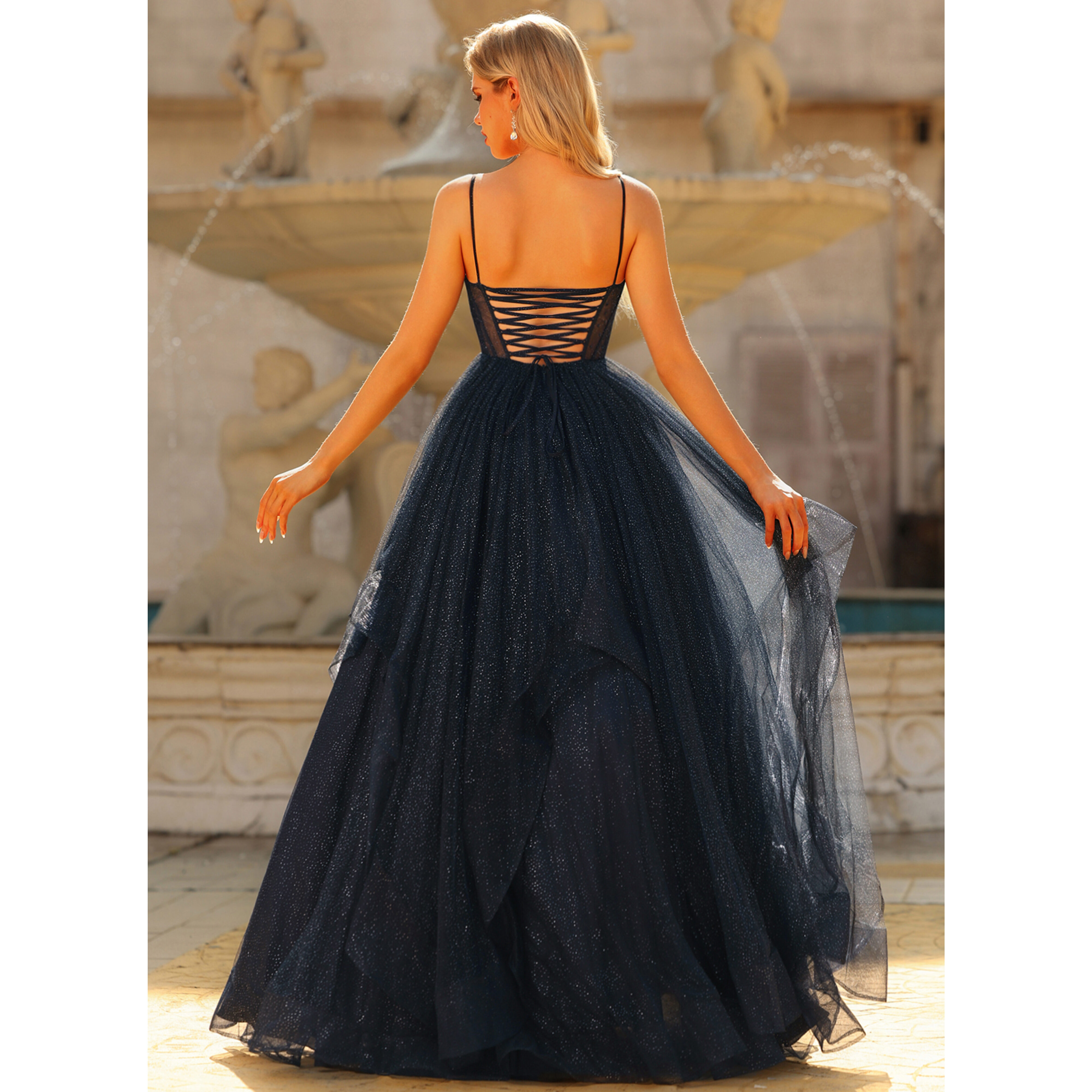 【美品】JJ's House Luvia ローズ チュールドレス ダークネイビー Bellany Ball-Gown/Princess V-Neck Sleeveless Tulle Prom Dress