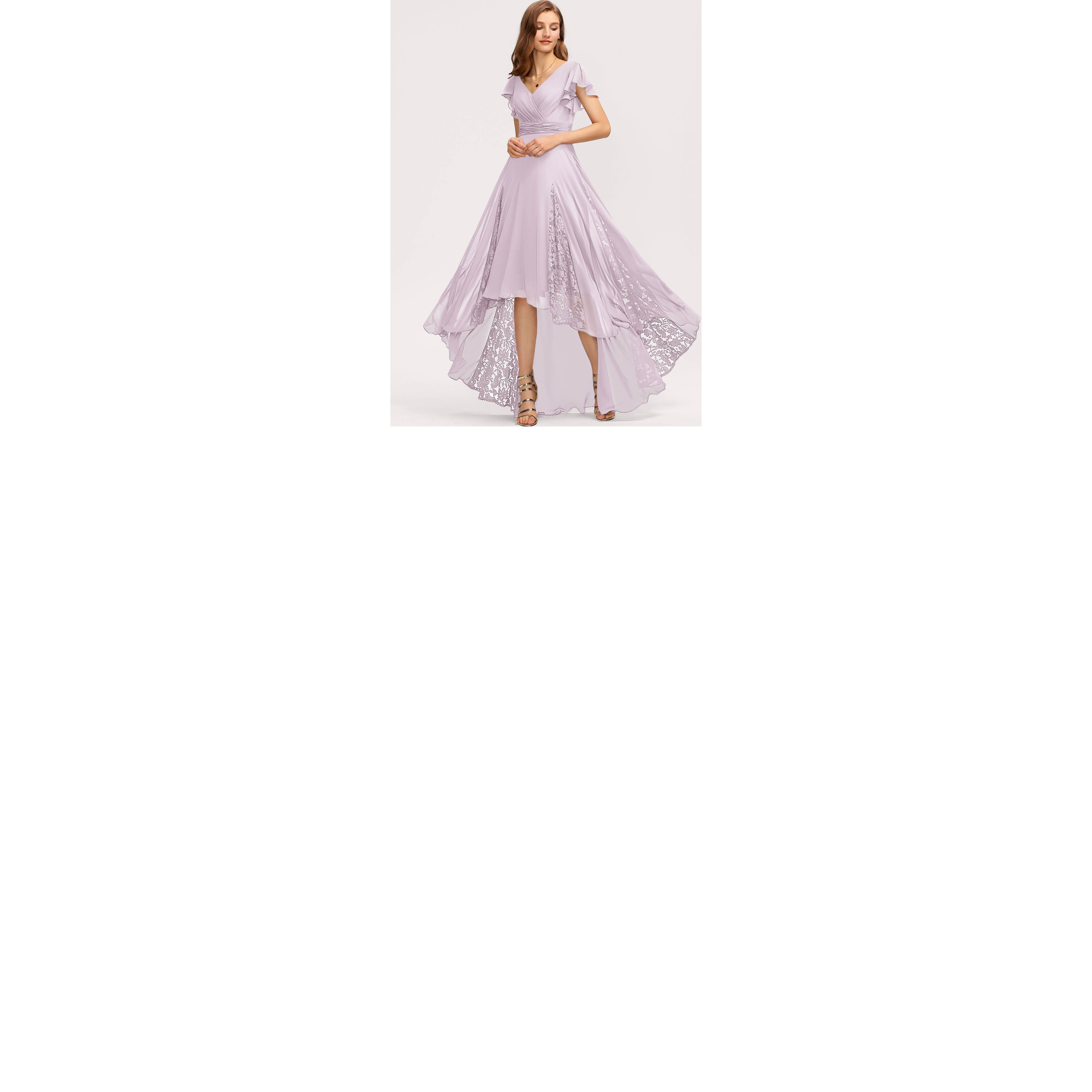 JJ's House A-line V-Neck Asymmetrical Chiffon Lace Bridesmaid Dress 2025 With Pleated - Size: 04, Lilac, Purple