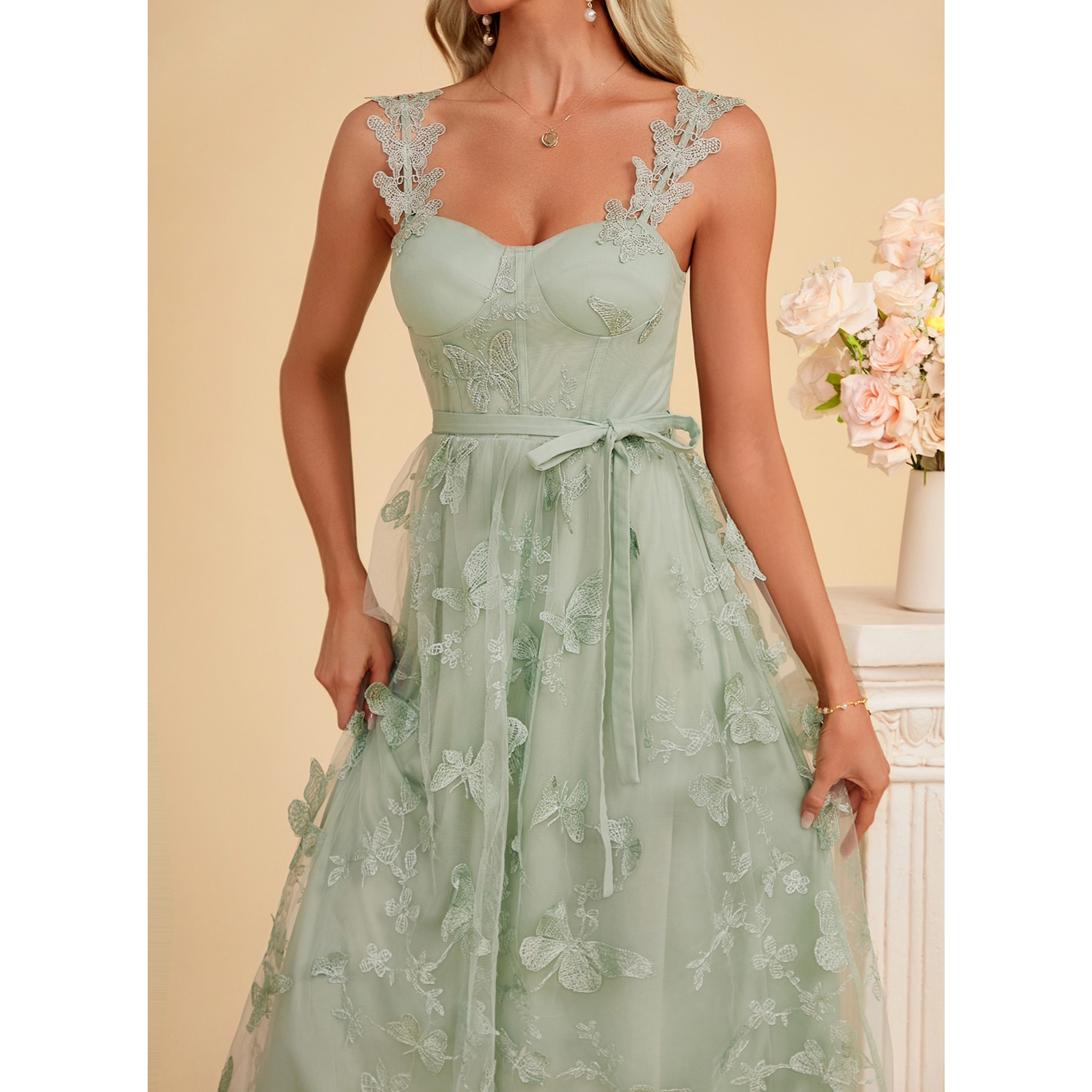 JJ's House Embroidered Sweetheart Sleeveless A-line Lace Midi Dress 2026 - Size: M, Green JJ's House Embroidered Sweetheart Sleeveless A-line Lace Midi Dress 2026 - Size: M, Green