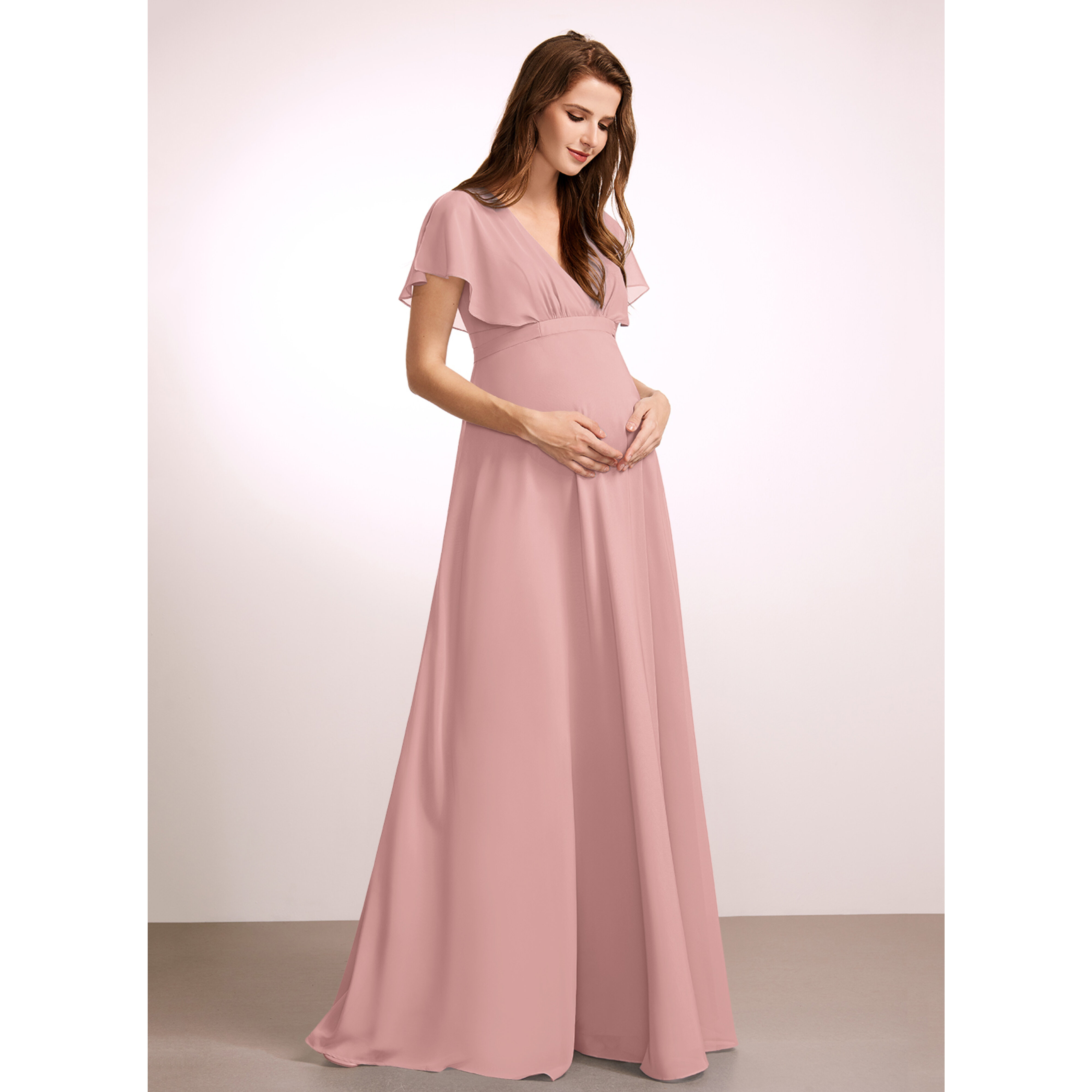 petite chiffon jacquard floral cut out maxi dress Green V-Neck Long Sleeve dress_type_Classic COLOR:Light Navy waist detail draw the Shuttle Meadow Country Club