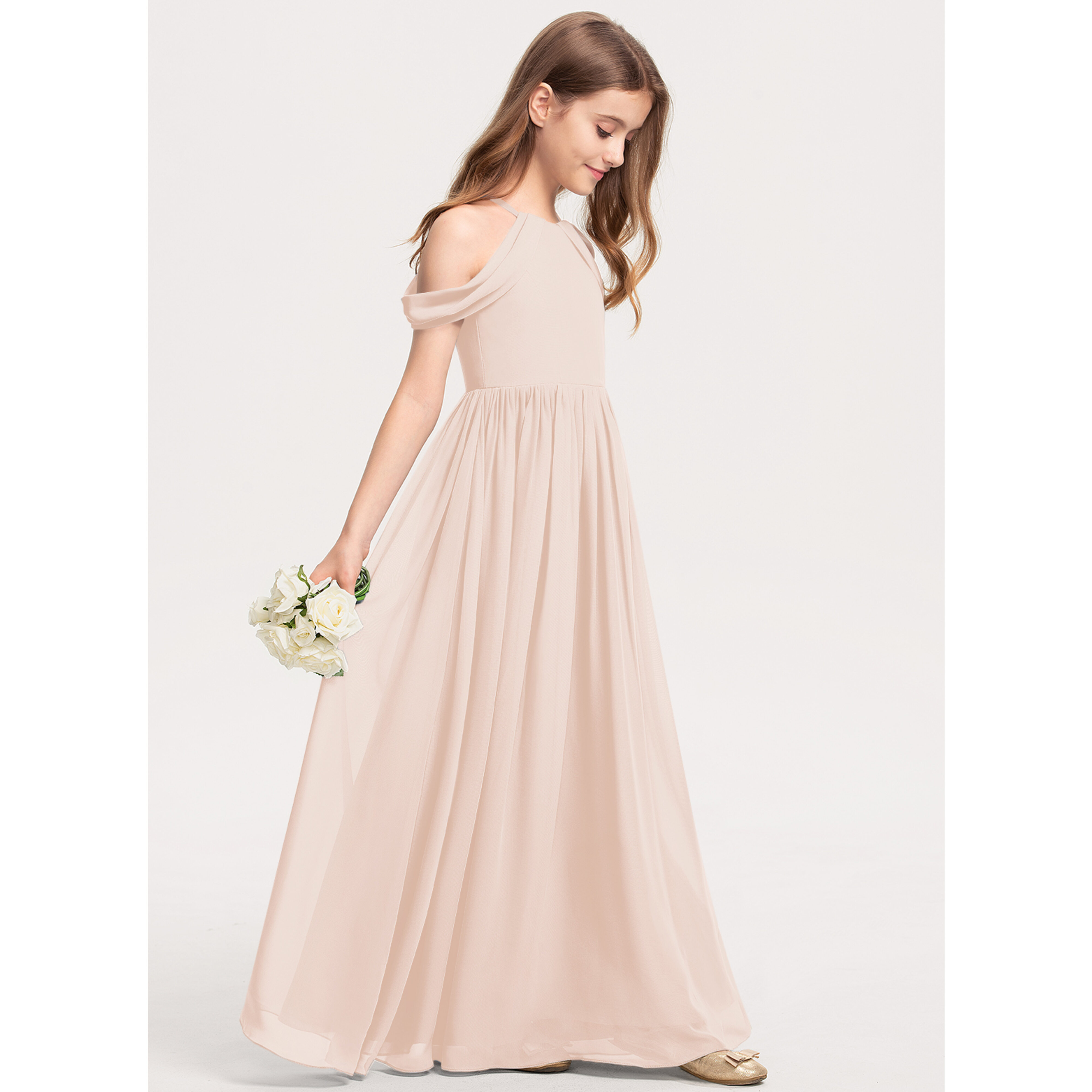 JJ's House A-line Halter Floor-Length Chiffon Junior Bridesmaid Dress 2026 - Size: J6, Blushing Pink