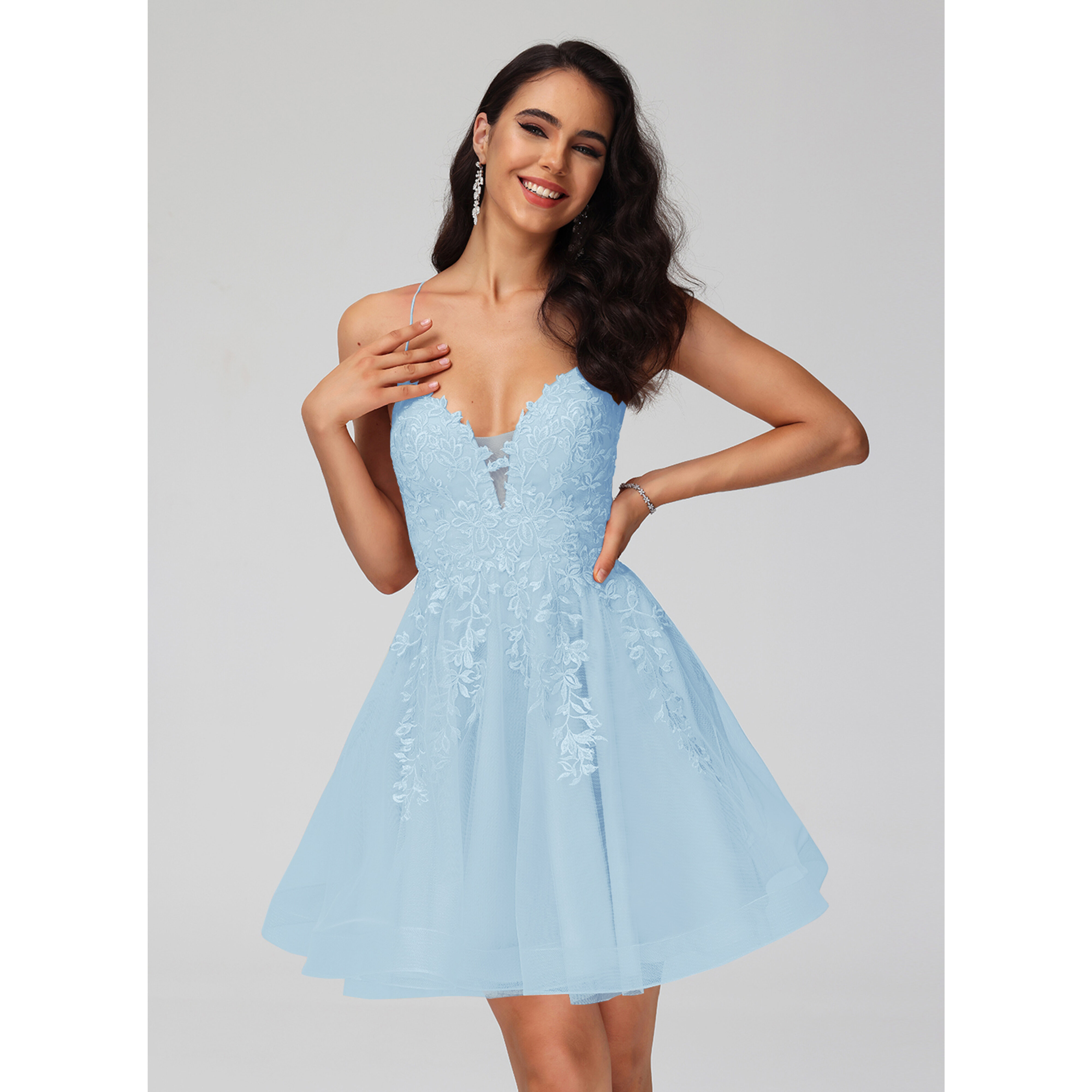JJ's House A-line V-Neck Short Tulle Lace Homecoming Dress 2026 With Cut-Out Sequins