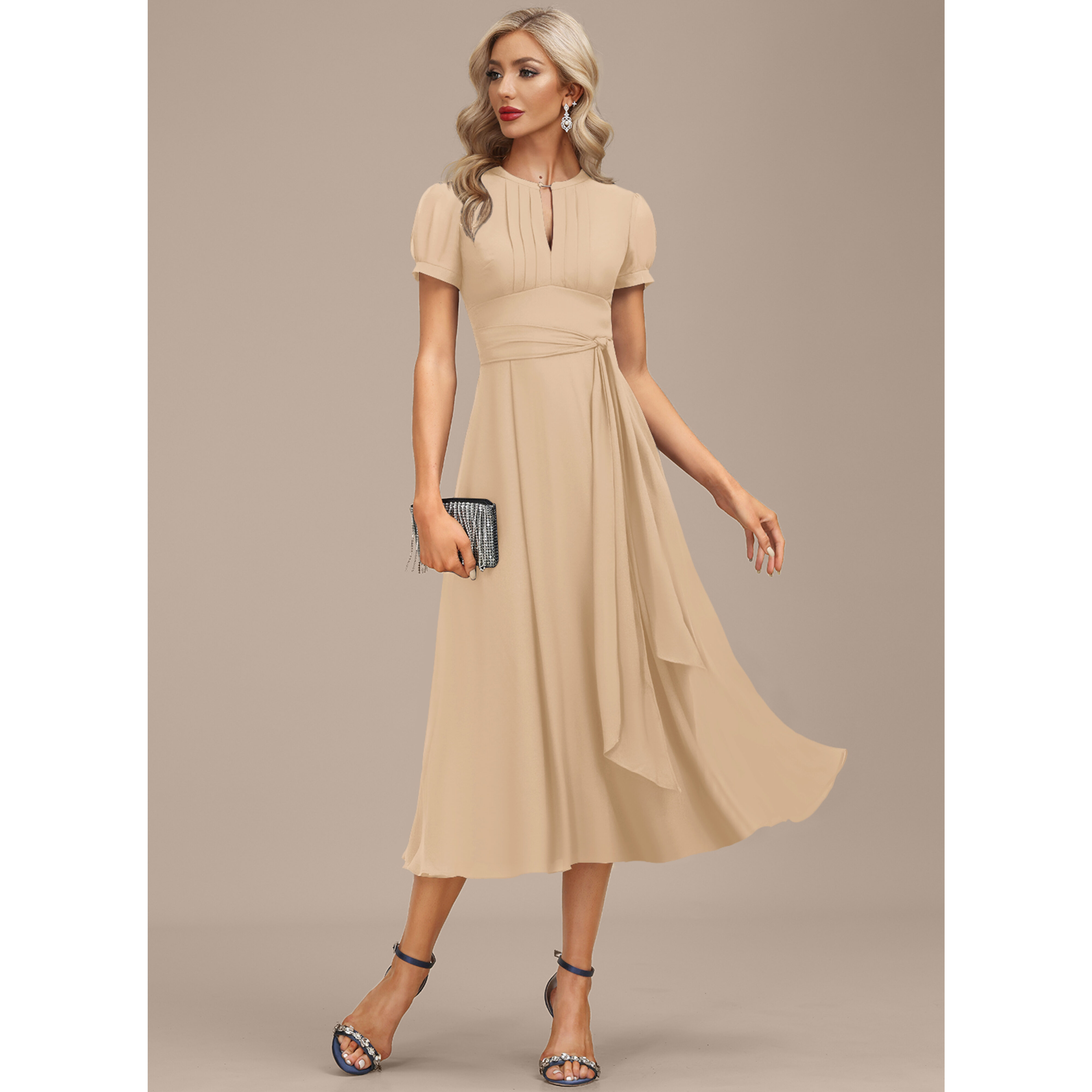 Hada Pleated Chiffon Midi Cocktail Dress | JJ's House