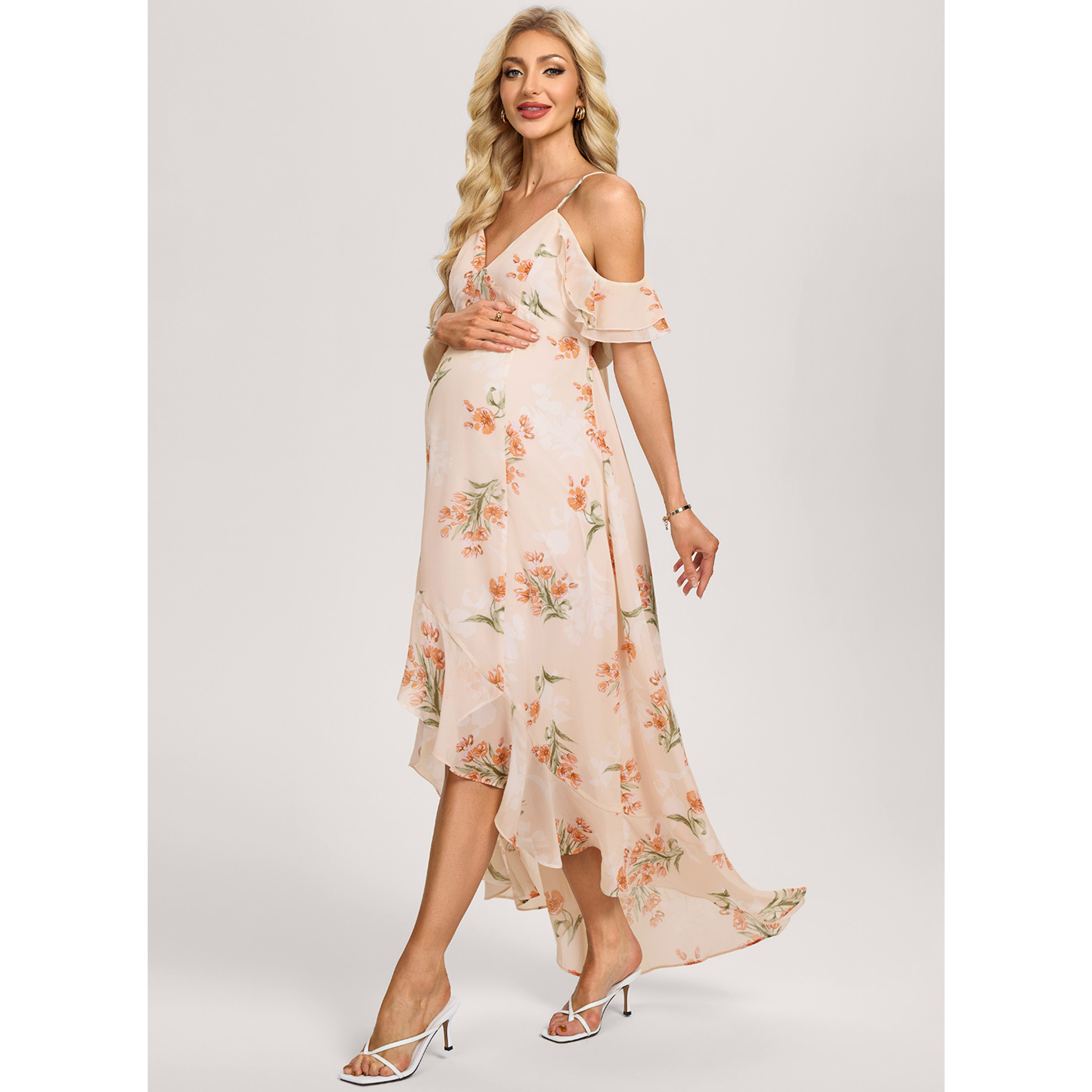 Noemi Cold Shoulder Floral Print Chiffon Maternity Midi Dress