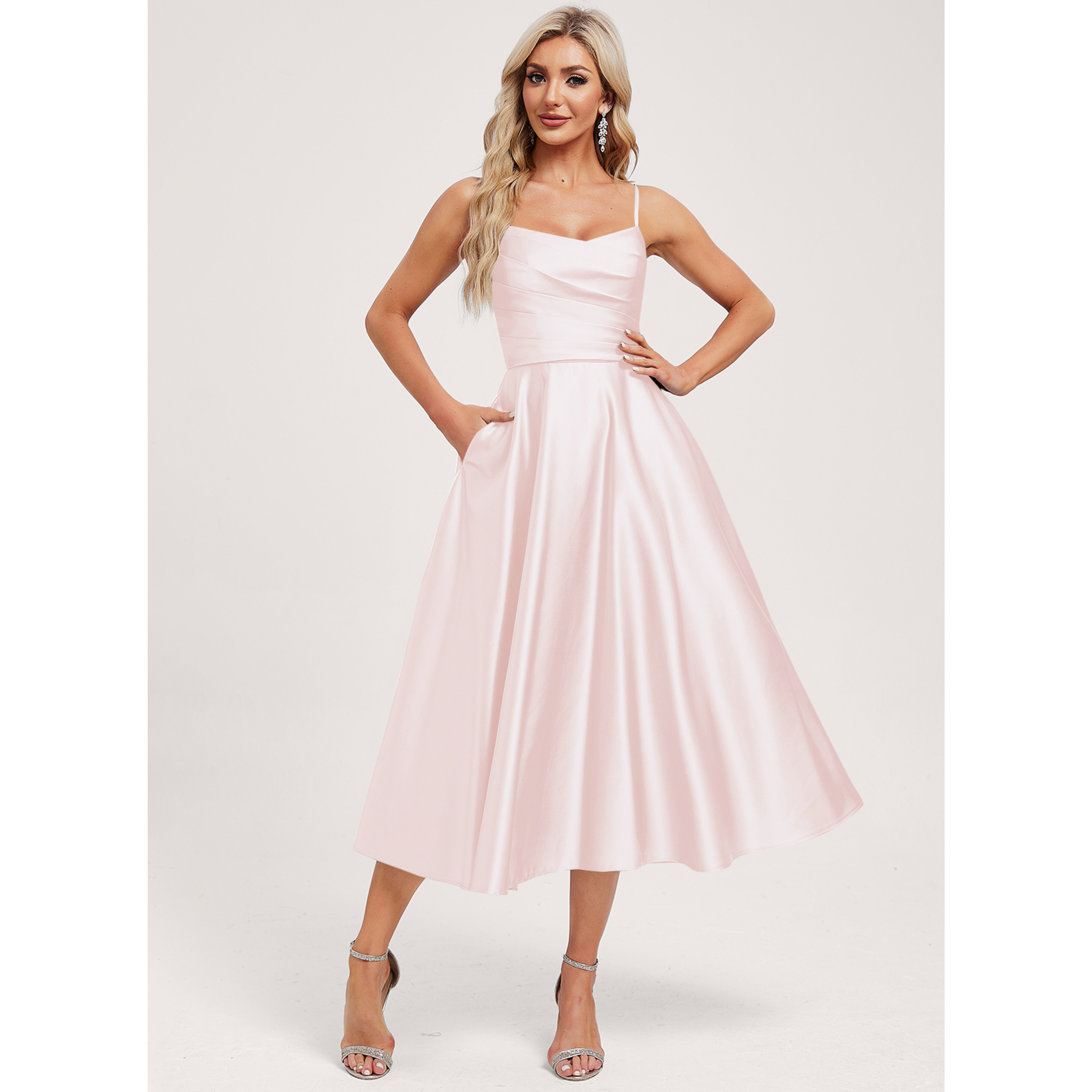 JJ's House A-line V-Neck Tea-Length Satin Bridesmaid Dress 2026 - Size: 26, White. Available in Regular, Petite & Plus Size.