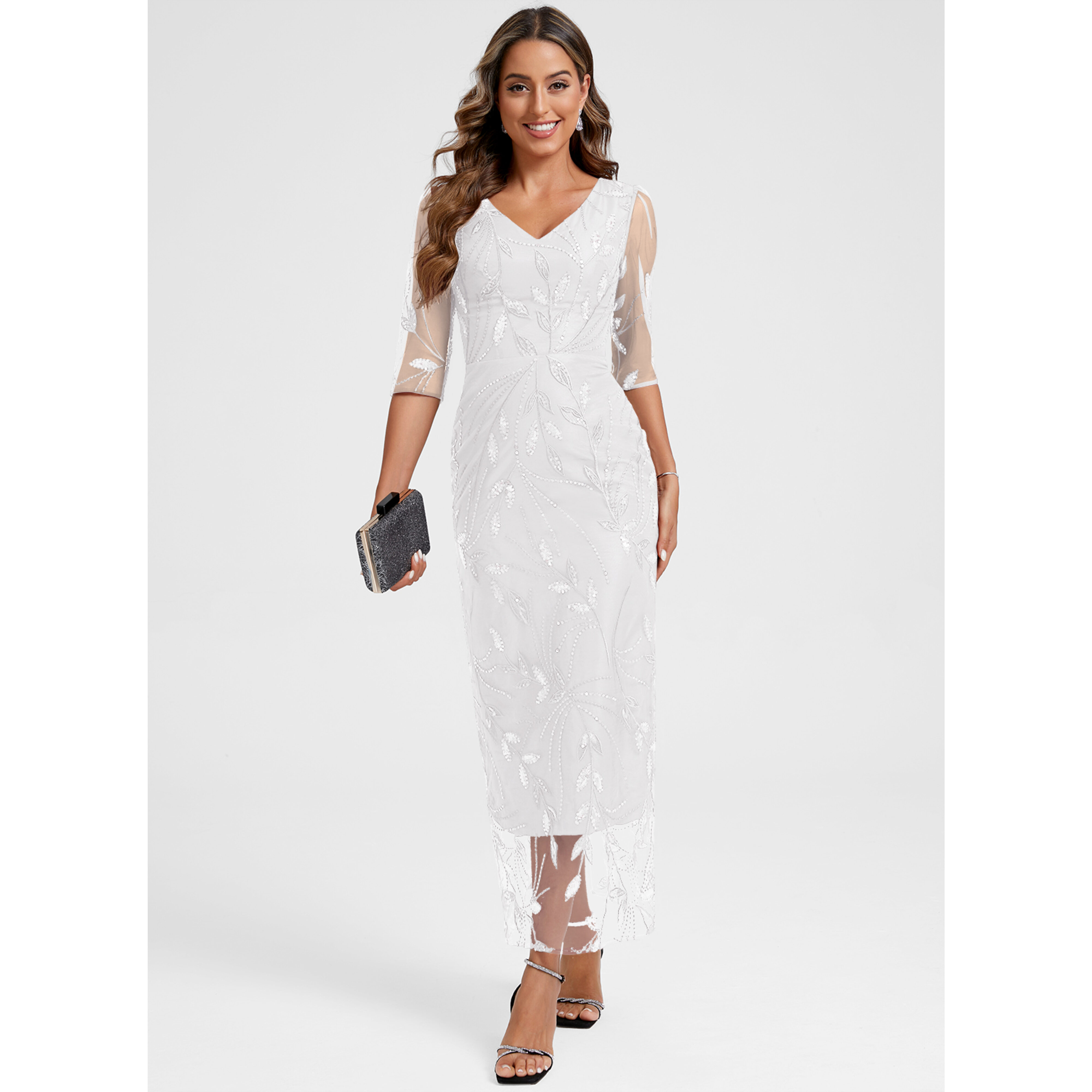 JJ's House Sheath Column V-Neck Ankle-Length Lace Floral Cocktail Dress 2026 With Sequins - Size: 06, White