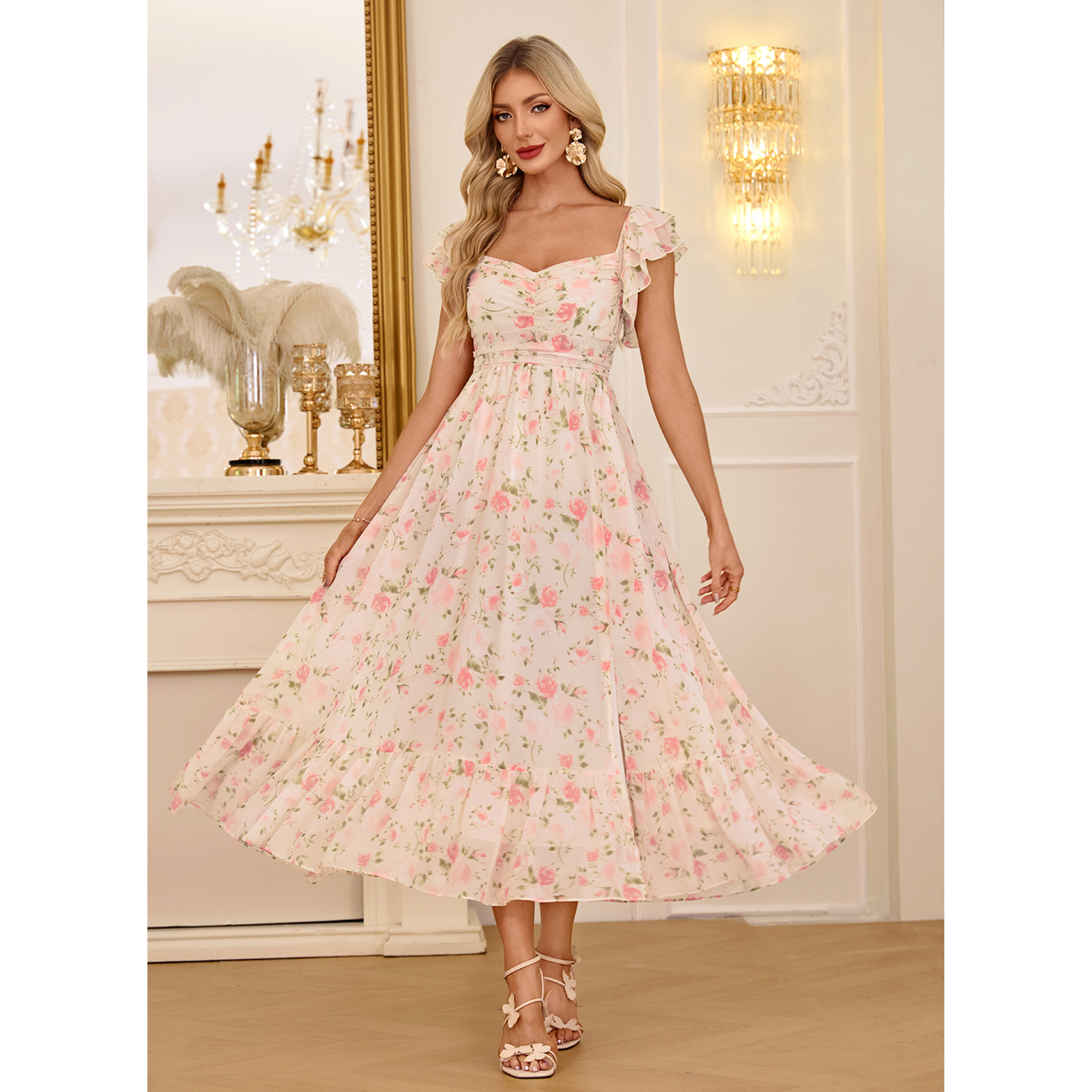 Valora Floral Print Chiffon Midi Dress | JJ's House