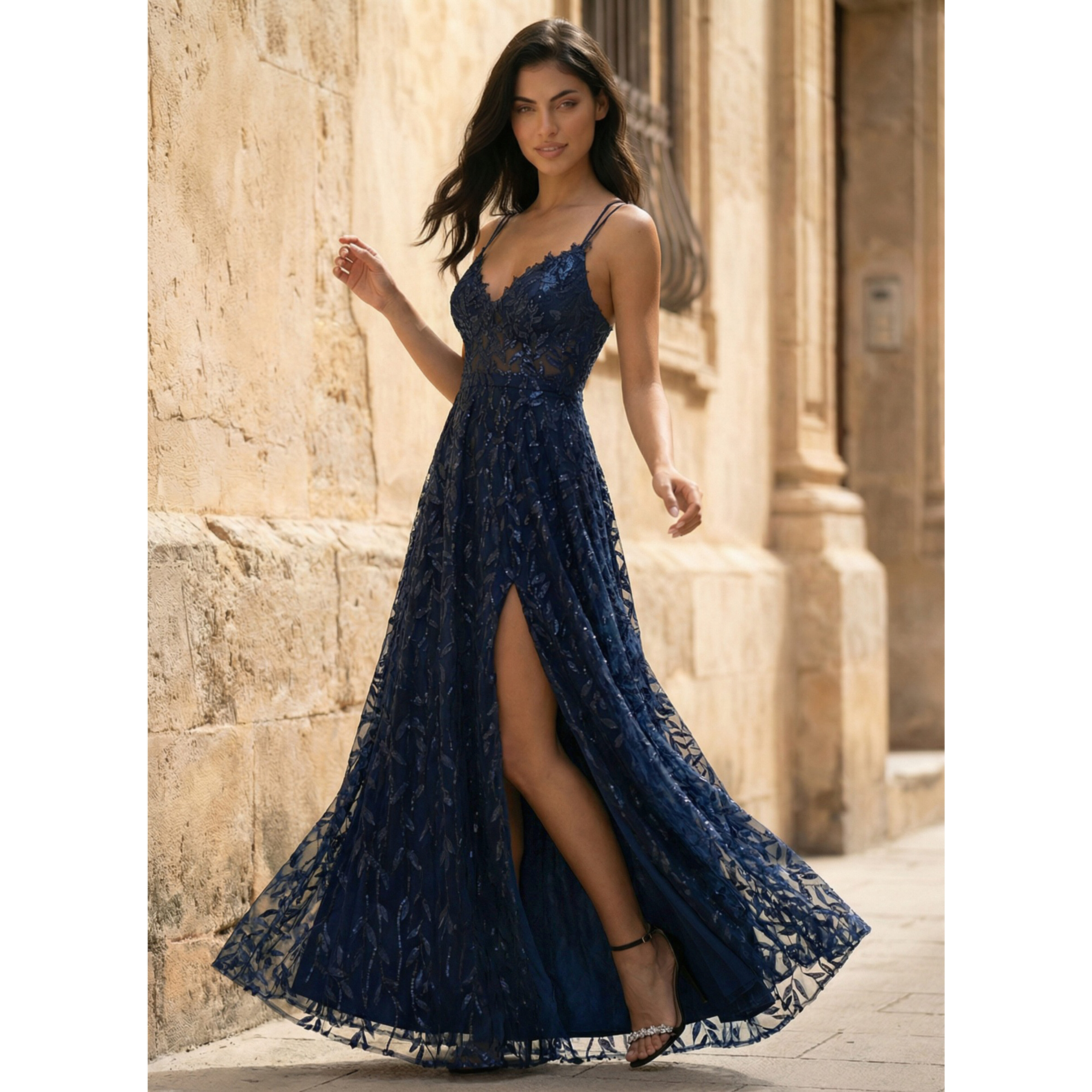 Rosealine A-line V-Neck Spaghetti Straps Sequins Lace Prom Dress